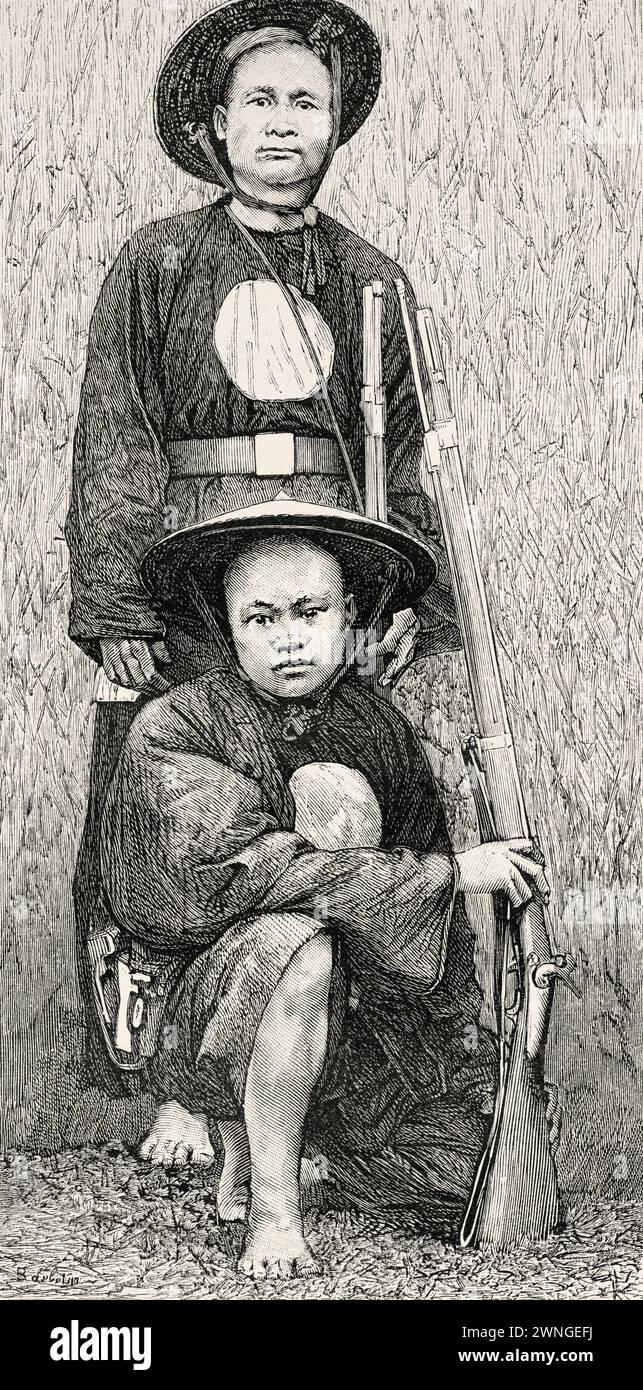 Tonkin Campaign. Black Flag Army soldiers, was a splinter remnant of a bandit group recruited largely from soldiers of ethnic Zhuang. Tonkin, French Indochina. Vietnam, Asia. Thirty months in Tonkin 1885 by Doctor Charles Edouard Hocquard (1853 - 1911) Le Tour du Monde 1890 Stock Photo