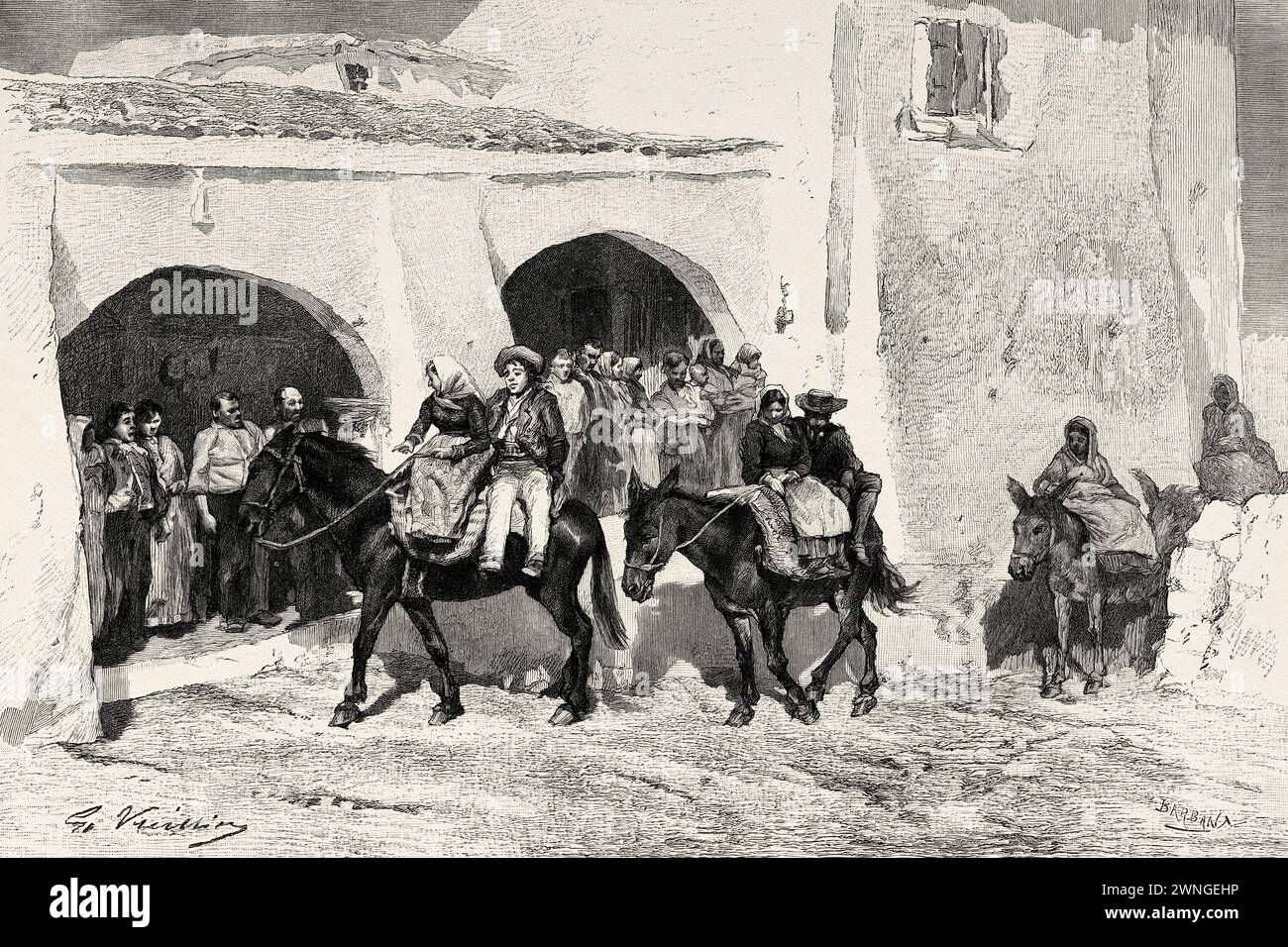 The return of the wedding, Minorca. Balearic island, Spain. Trip to the Balearic Islands Menorca and Cabrera 1888 by Gaston Charles Vuillier (1845 - 1915) Le Tour du Monde 1890 Stock Photo