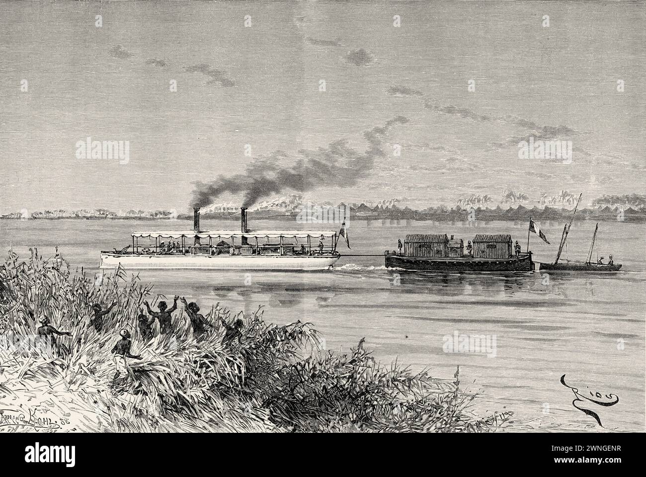 The flotilla of expedition ships on the Niger River, Guinea. Africa. Two campaigns in French Sudan, 1886-1888 by Joseph Simon Gallieni (1849 - 1916) Le Tour du Monde 1890 Stock Photo
