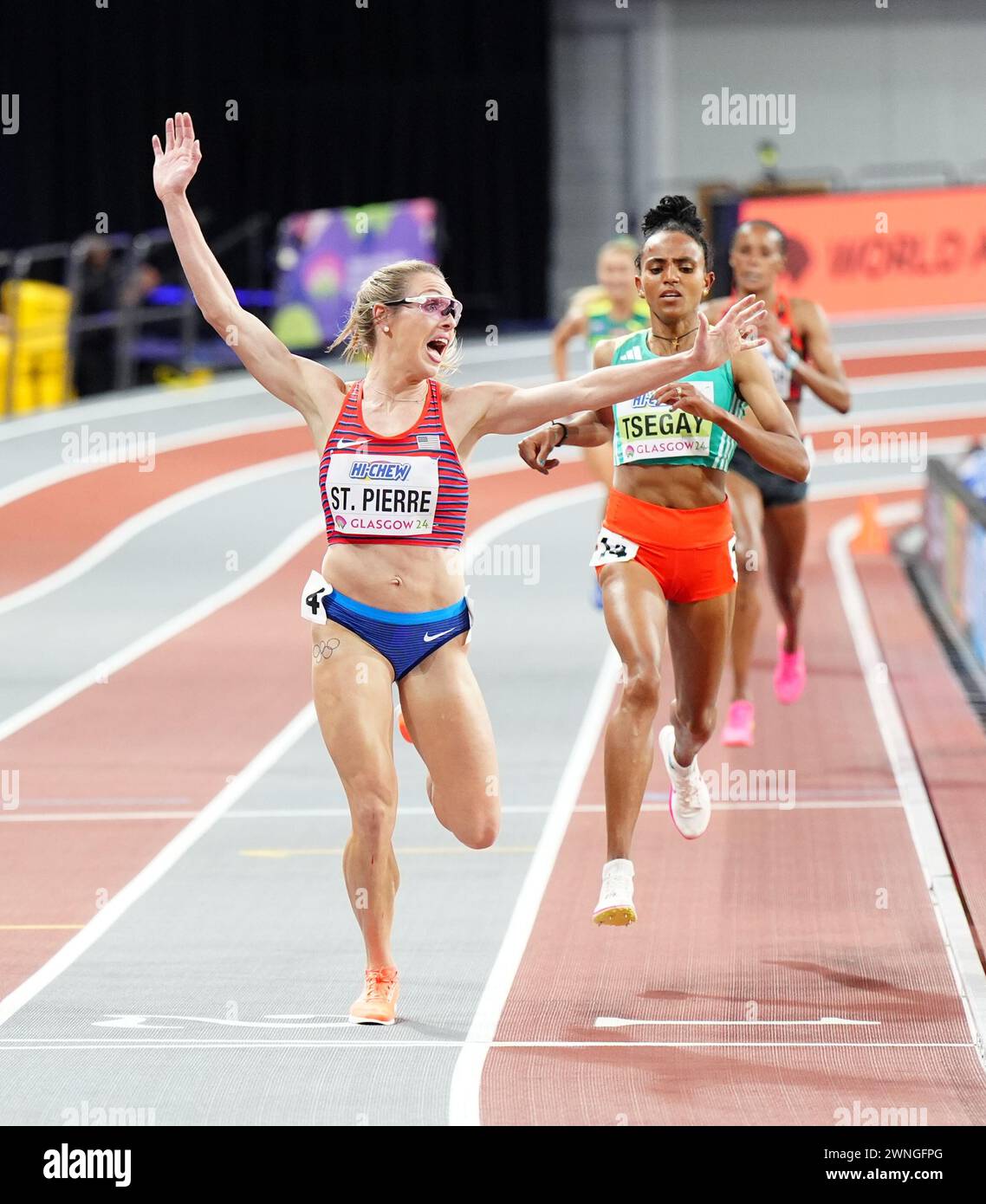 USA's Elle St. Pierre celebrates winning the Women's 3000 metres during(01)