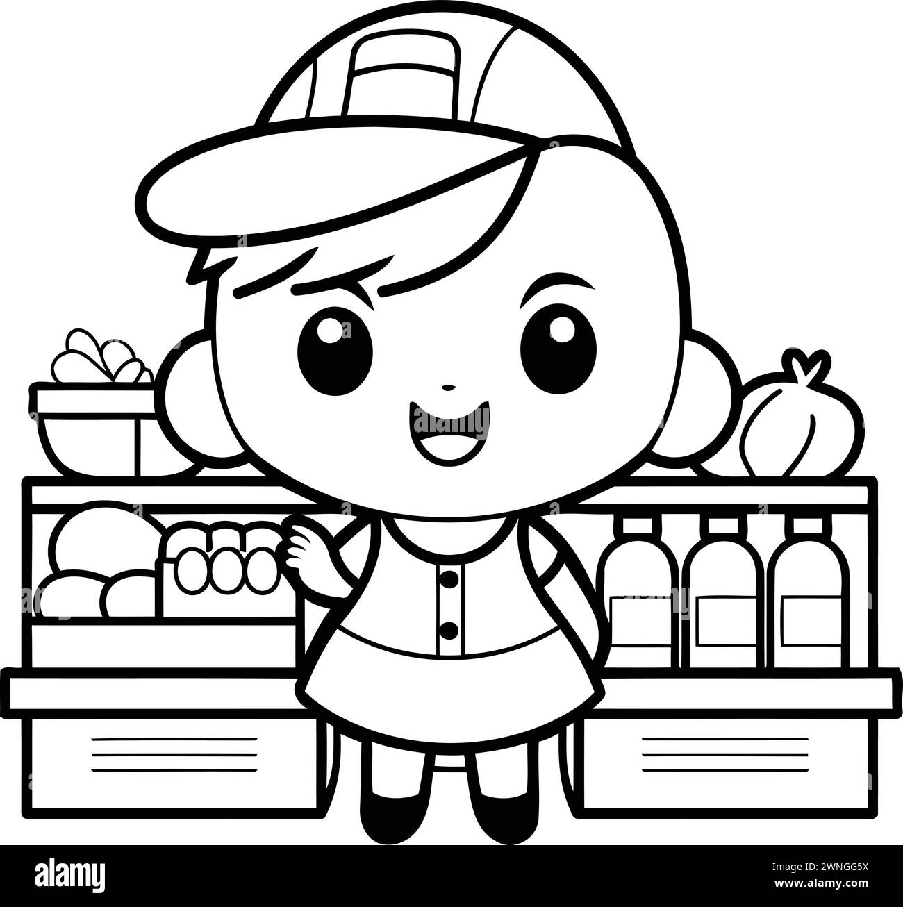 Coloring Page Outline Of Cartoon Delivery Girl With Groceries Stock Vector