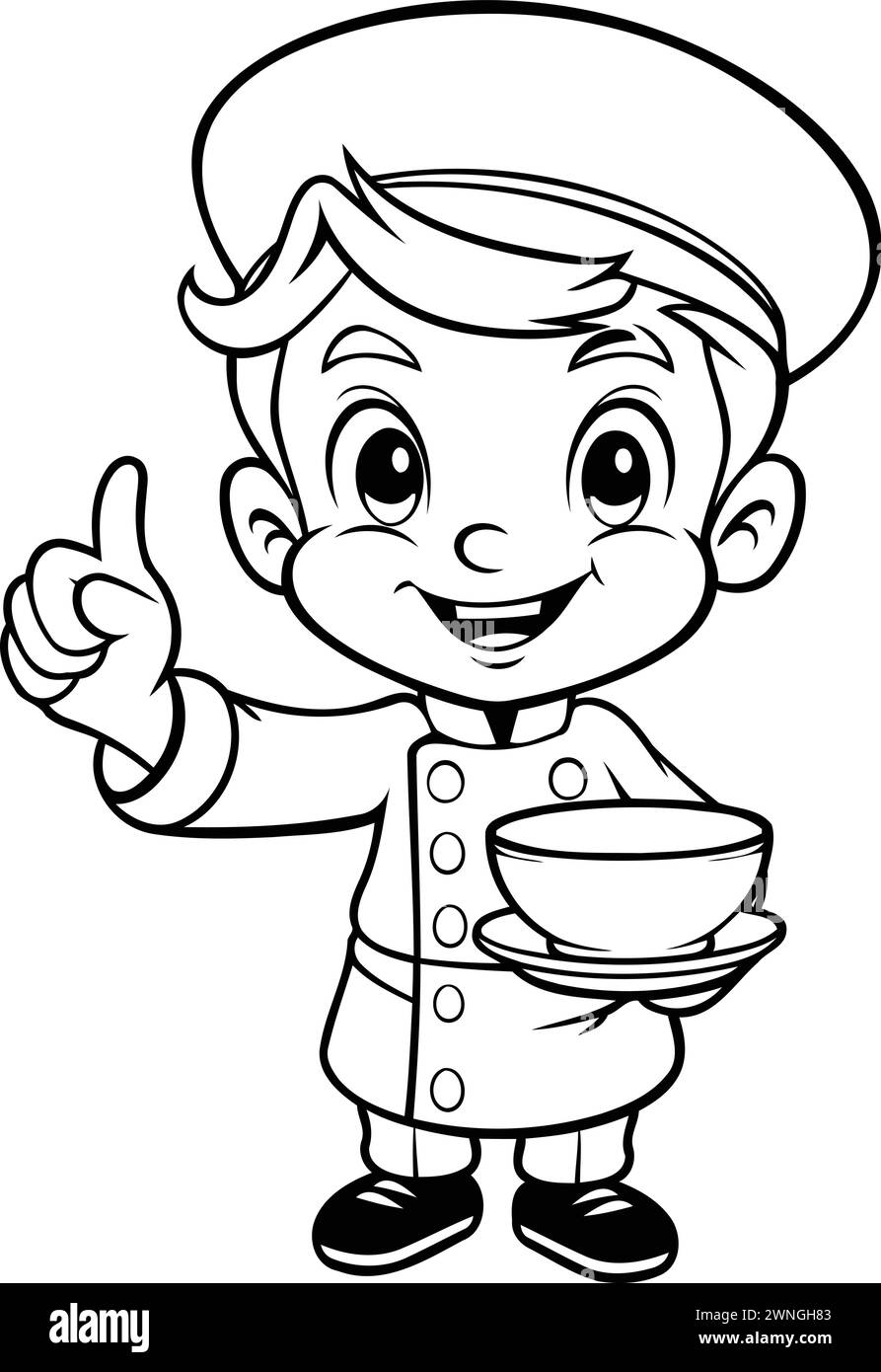 Cartoon chef with a bowl of soup. Vector illustration for coloring book Stock Vector
