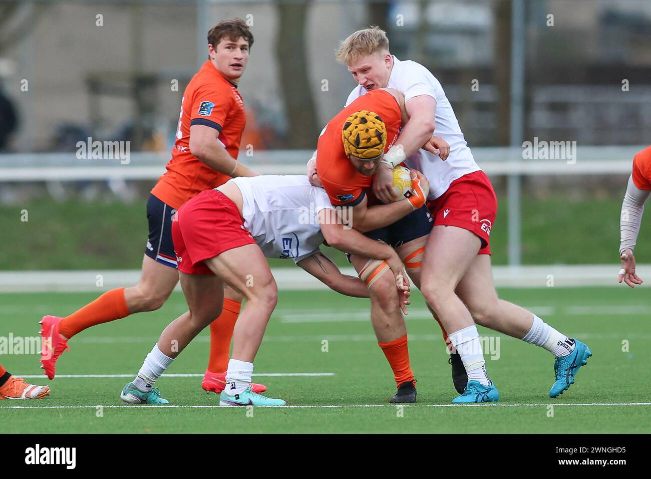 AMSTERDAM, NETHERLANDS - MARCH 02: Christopher Raymond player of RC't Gooi during the international Rugby Europe Championship match between The Nether Stock Photo