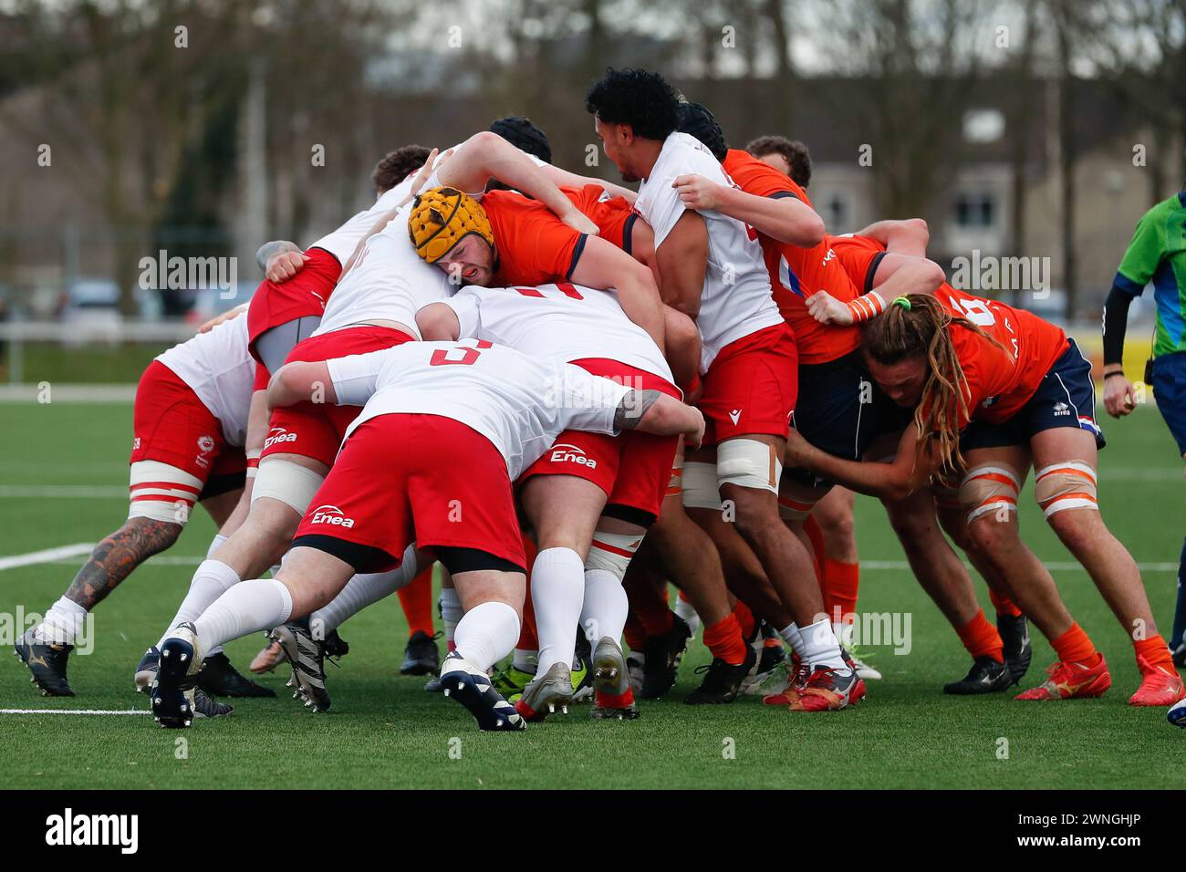 AMSTERDAM, NETHERLANDS - MARCH 02: Maul with Christopher Raymond player of RC't Gooi during the international Rugby Europe Championship match between Stock Photo