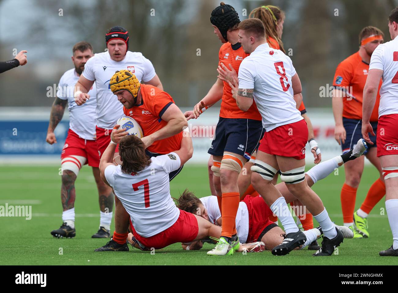 AMSTERDAM, NETHERLANDS - MARCH 02: Christopher Raymond player of RC't Gooi Kacper PALAMARCZUK of Poland  Alexander NIEDZWIECKI of Poland during the in Stock Photo