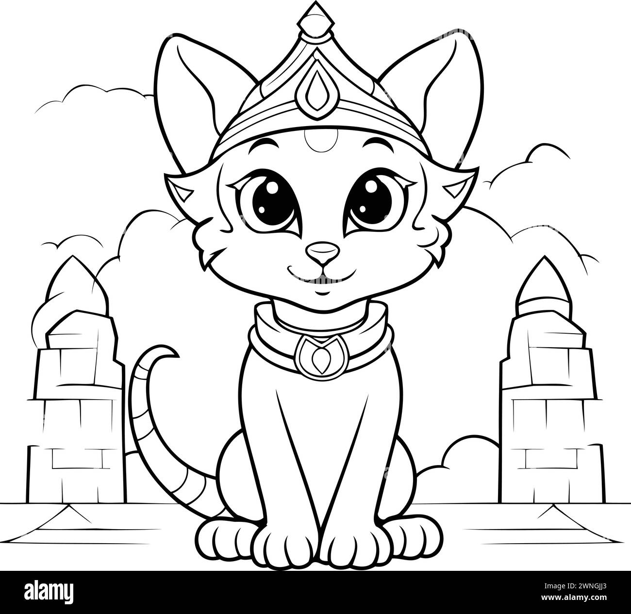 Black and White Cartoon Illustration of Cute Cat with Crown Coloring Book Stock Vector