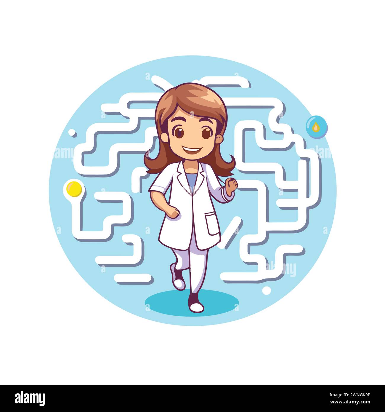 Cute little girl in lab coat walking through maze. Vector illustration. Stock Vector