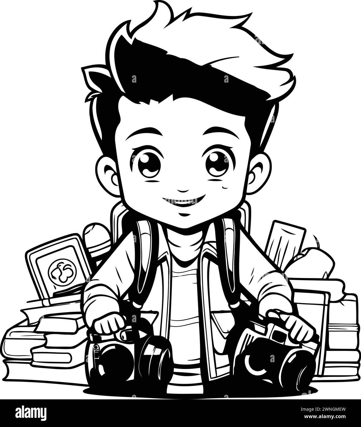 Boy with camera and books - Black and White Cartoon Illustration. Vector Stock Vector