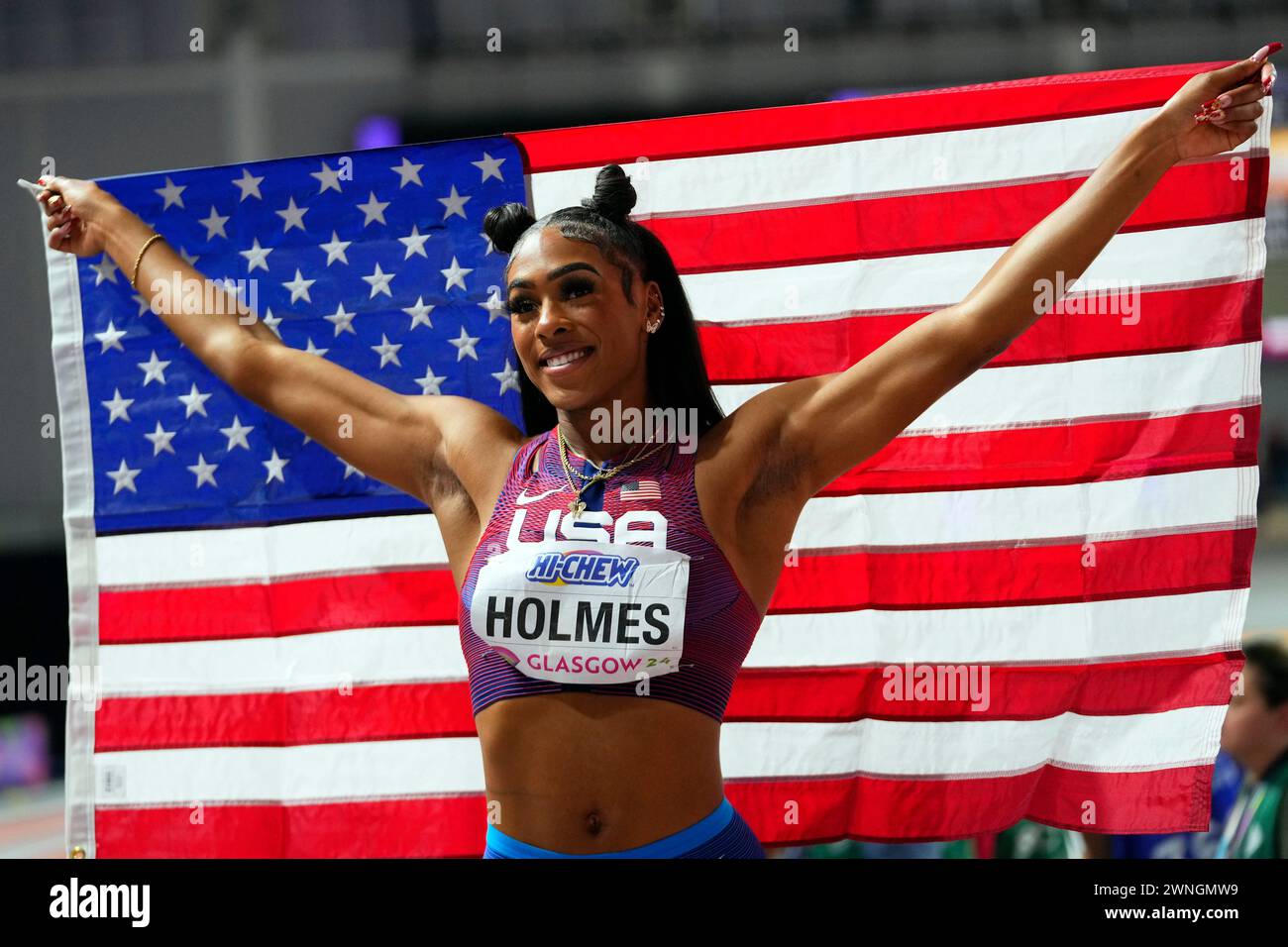 Alexis Holmes, of the United States, poses after winning the bronze