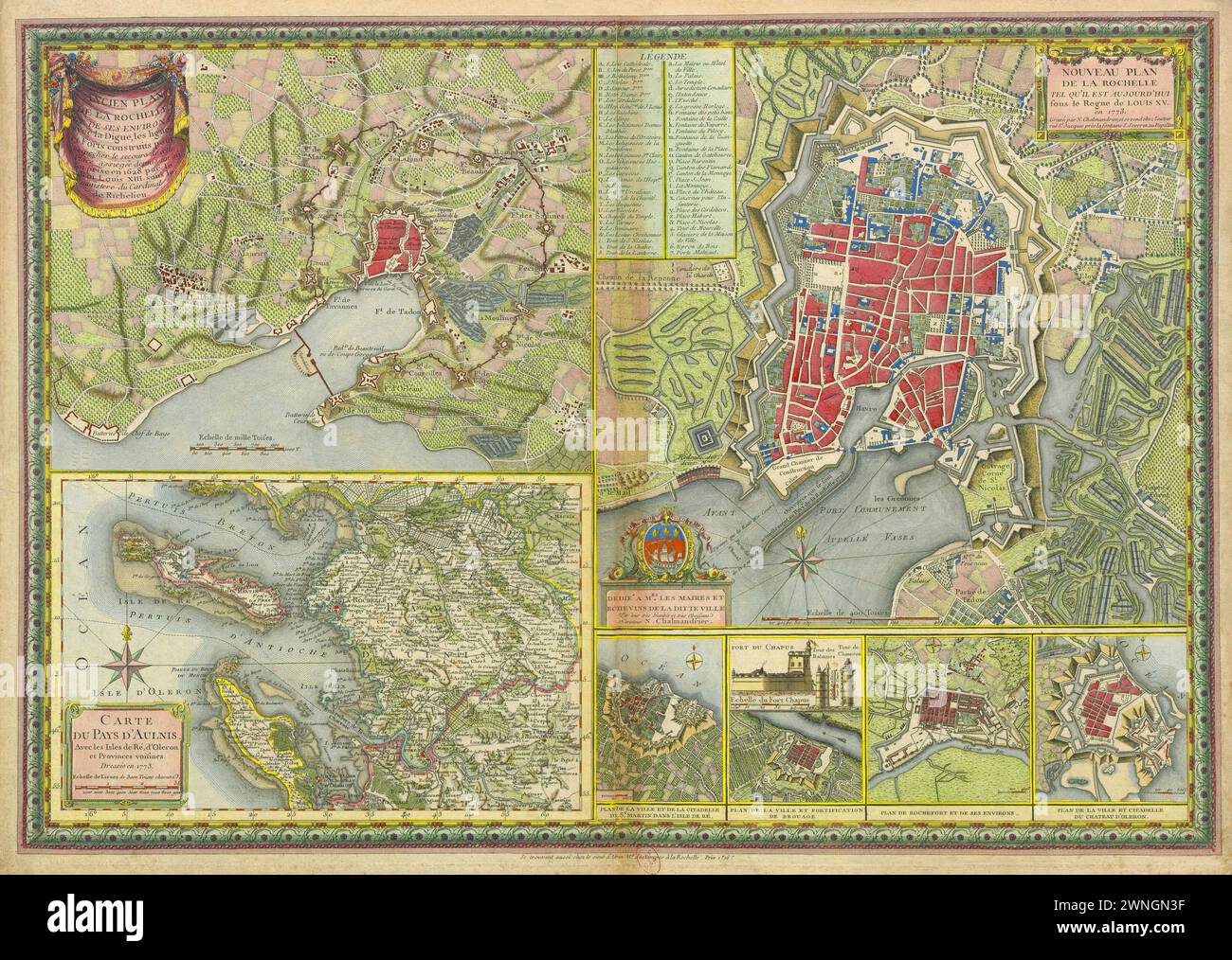 Vintage Map. Map of the city of La Rochelle and surroundings during the Siege in 1627-28, and in 1773, Map of the Aunis province, and views of some fortifications of cities of Aunis.. by Nicolas Chalmandrier. 1773 Stock Photo