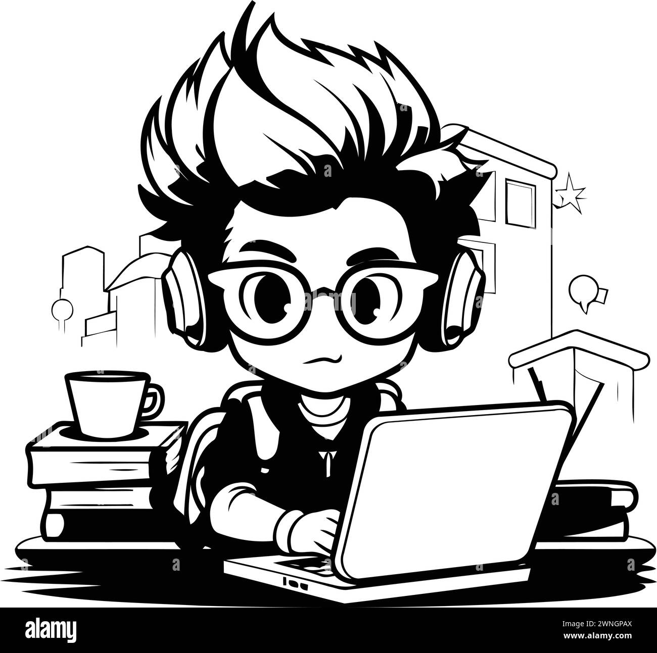 Boy Student with Laptop and Books - Black and White Cartoon ...