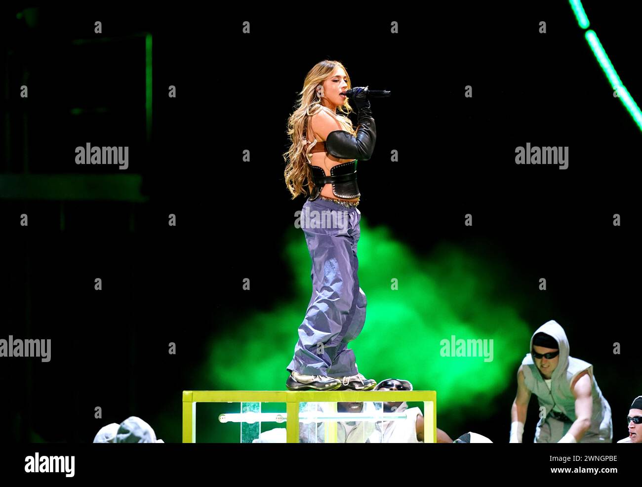 Tate McRae performing during the Brit Awards 2024 at the O2 Arena ...