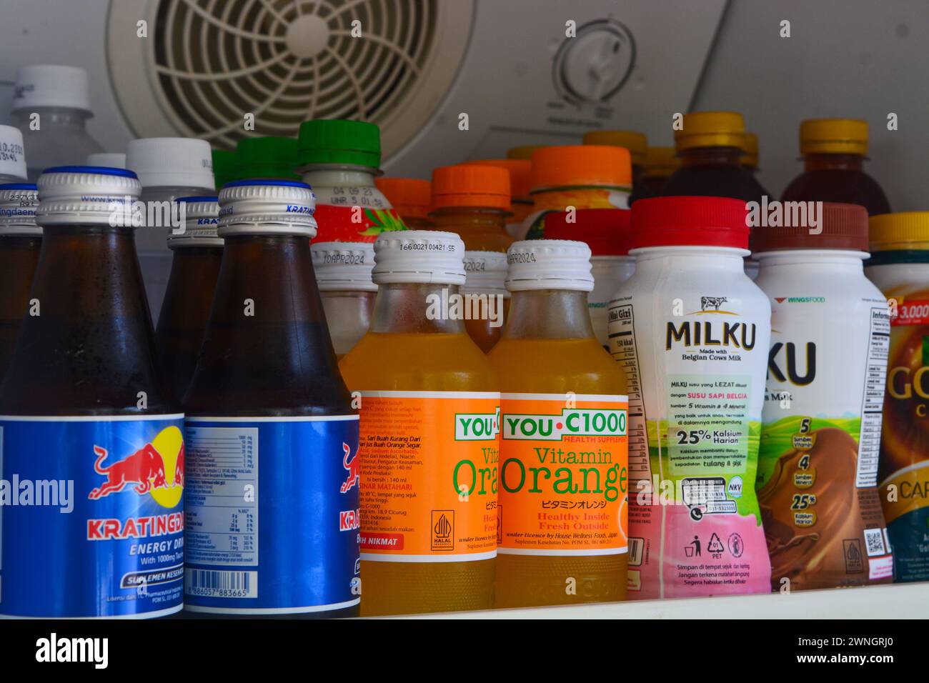 June 15 2023, Canned and bottled drinks that look fresh in the fridge, Wadaslintang, Wonosobo Stock Photo