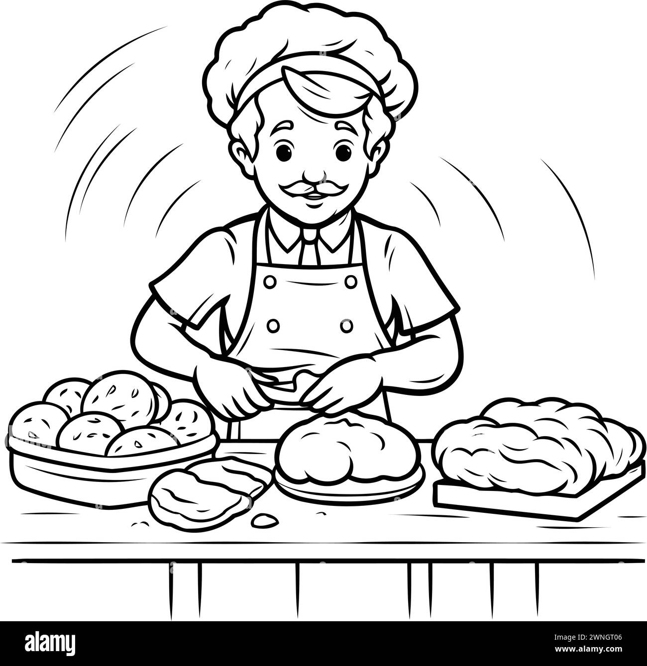 Black and White Cartoon Illustration of Bakery Chef with Baking Bread for Coloring Book Stock Vector