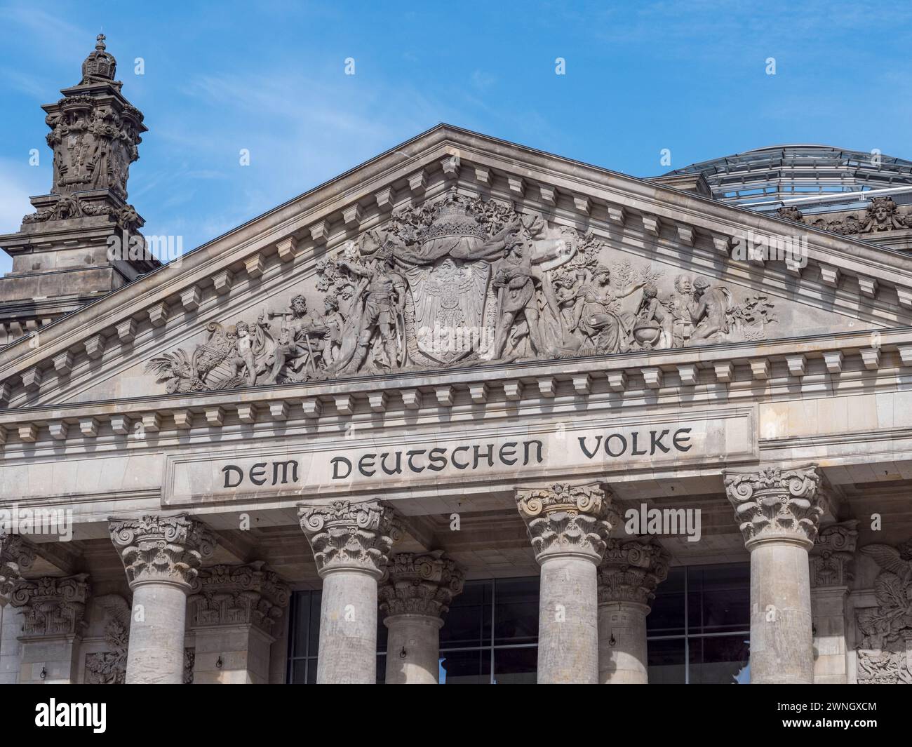 'Dem Deutschen Volke' on the Reichstag in Berlin, Germany. Stock Photo