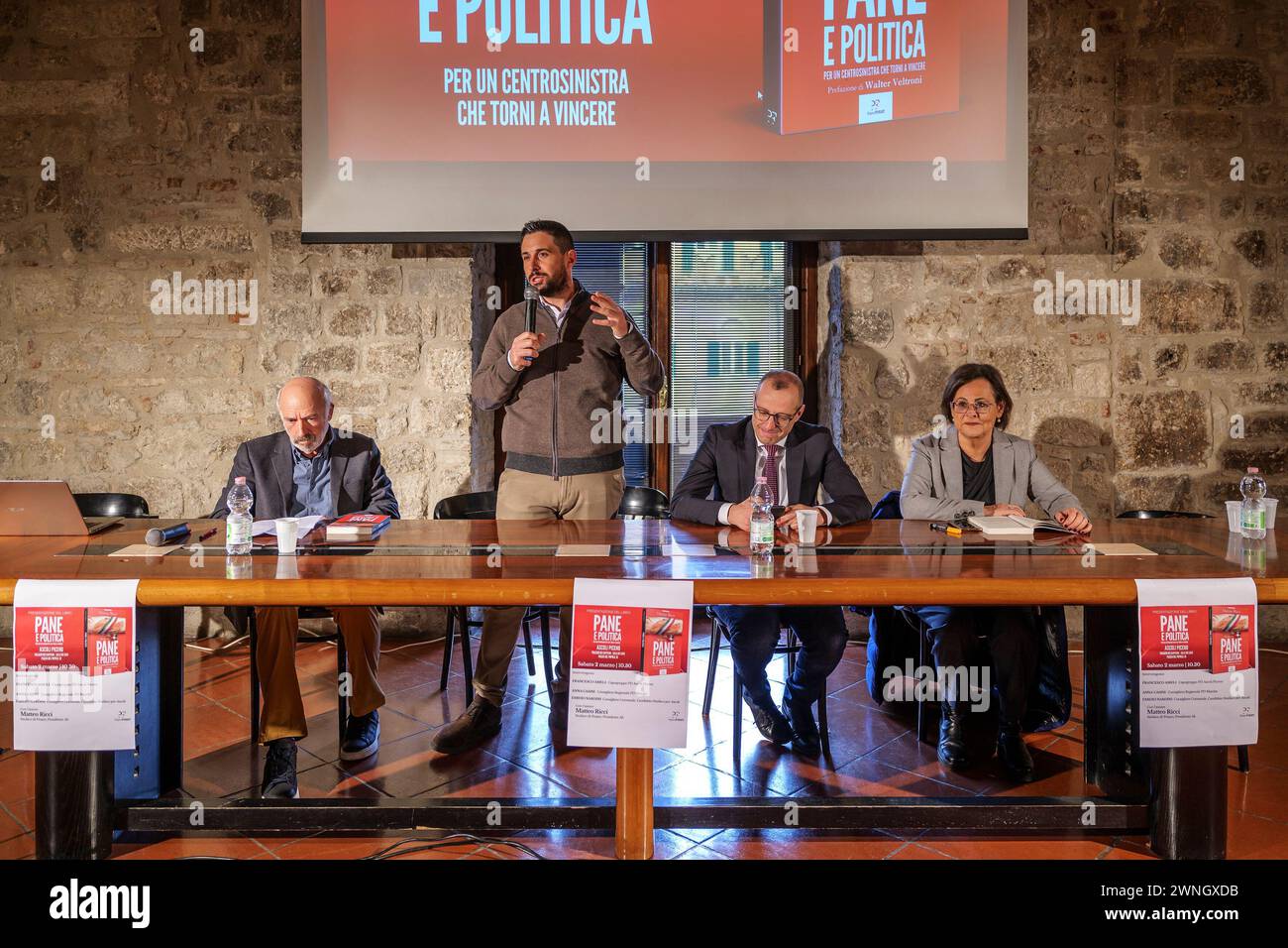 Matteo Ricci, mayor of Pesaro and president of ALI, presents his fourth book 'Pane e politica' in Ascoli in the presence of Emidio Nardini, candidate for mayor of Ascoli Piceno, Anna Casini, regional councilor, and Francesco Ameli, provincial secretary of the Democratic Party. The book chronicles the Pesaro mayor's innovative initiative to reconnect with the electorate after the Democratic Party's defeat in the 2022 general election. Credit: Andrea Vagnoni/Alamy Live News Stock Photo