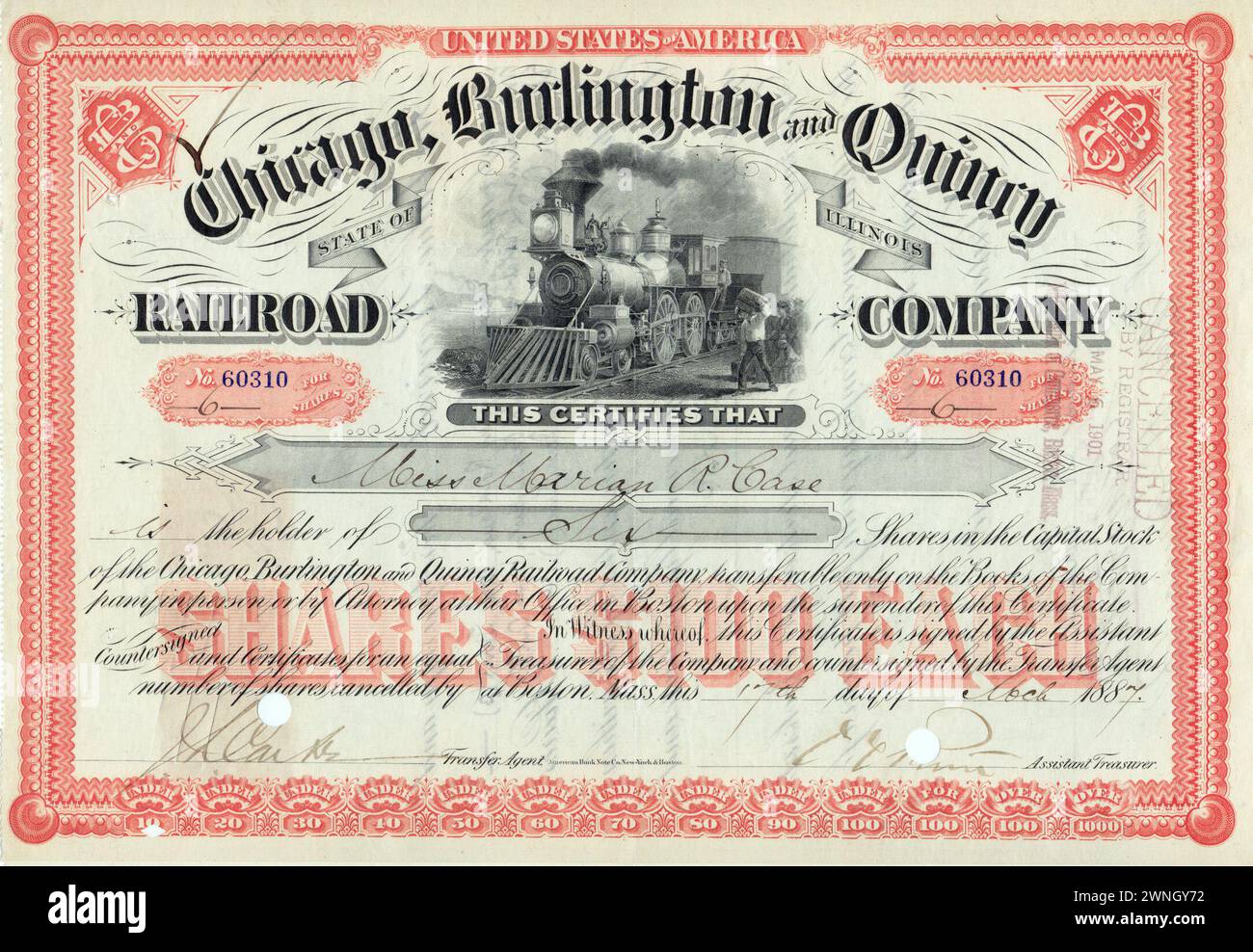 Stock exchange certificate of Chicago, Burlington and Quincy Railroad Company, 1885. Stock Photo