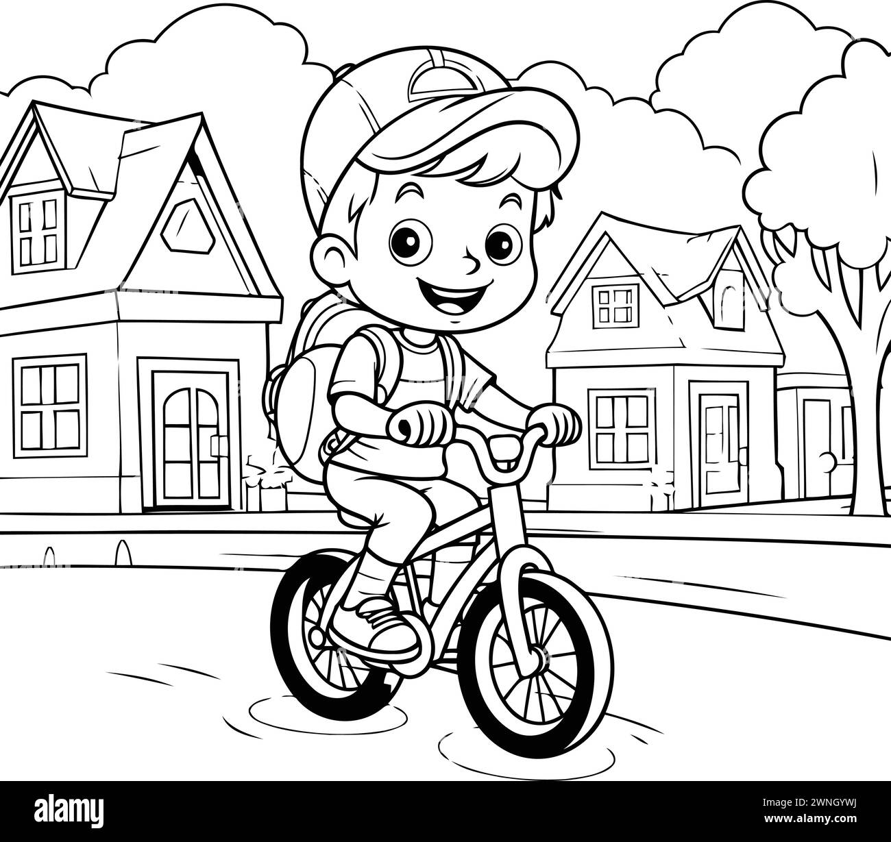 Coloring Page Outline Of a Little Boy Riding a Bicycle in the City ...