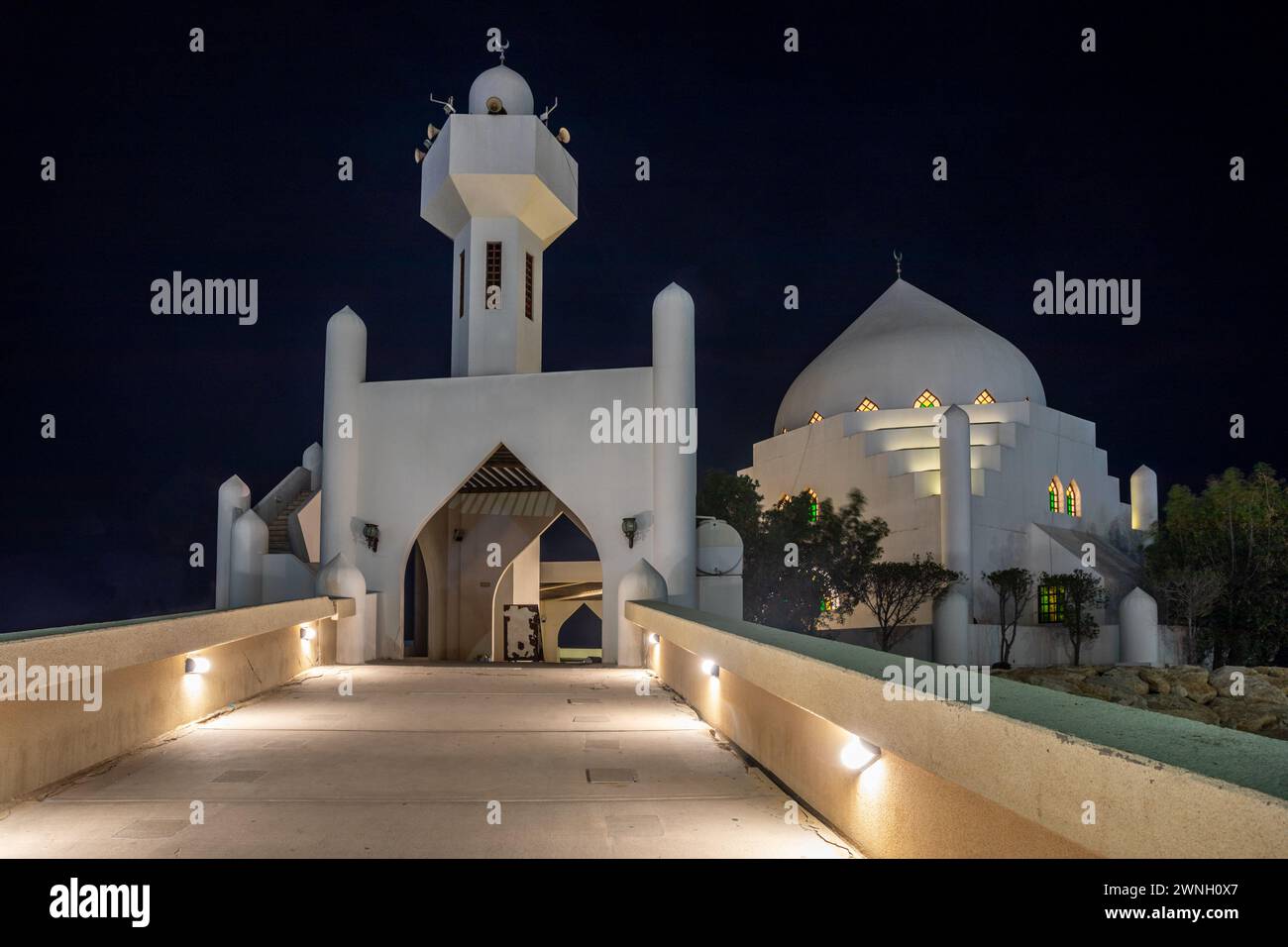 White Salem Bin Laden Mosque built on the island in the twilight, Al Khobar, Saudi Arabia Stock