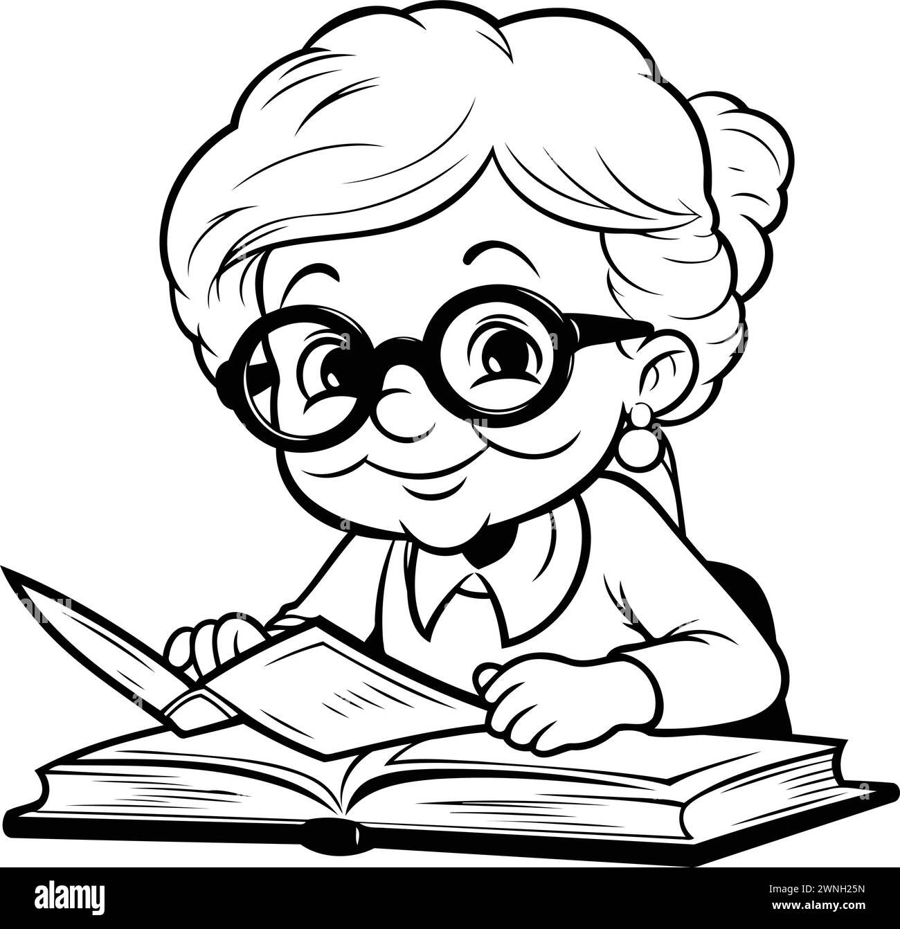 Grandmother Reading Book - Black and White Cartoon Illustration. Vector