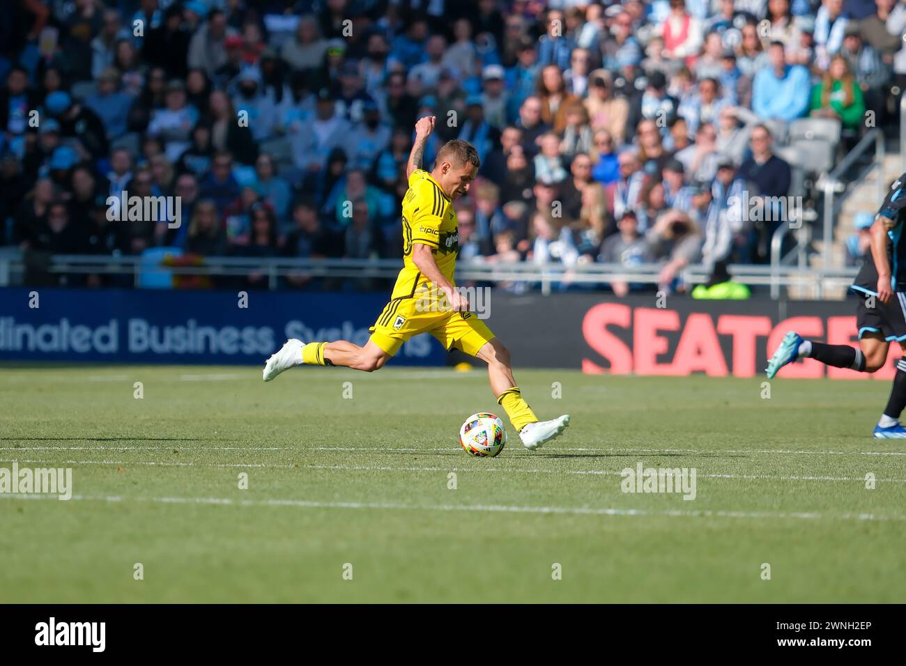 Minneapolis, Minnesota, USA. 2nd Mar, 2024. Columbus Crew midfielder ALEXANDRU MATAN (20) makes a pass during a MLS soccer match between Minnesota United FC and Columbus Crew FC at Allianz Field in St. Paul Minnesota on March 2nd, 2024. The match ended in a draw 1-1. (Credit Image: © Steven Garcia/ZUMA Press Wire) EDITORIAL USAGE ONLY! Not for Commercial USAGE! Credit: ZUMA Press, Inc./Alamy Live News Stock Photo