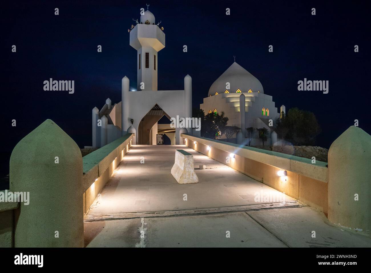 White Salem Bin Laden Mosque built on the island in the twilight, Al Khobar, Saudi Arabia Stock