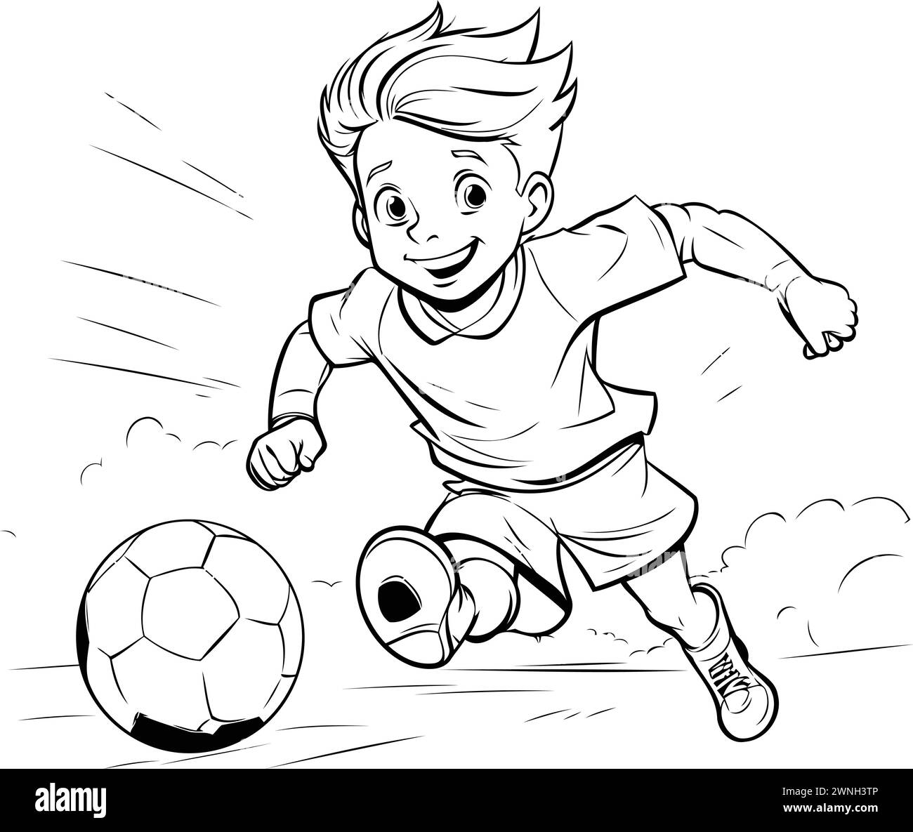 Cartoon soccer player kicking the ball. Black and white vector ...