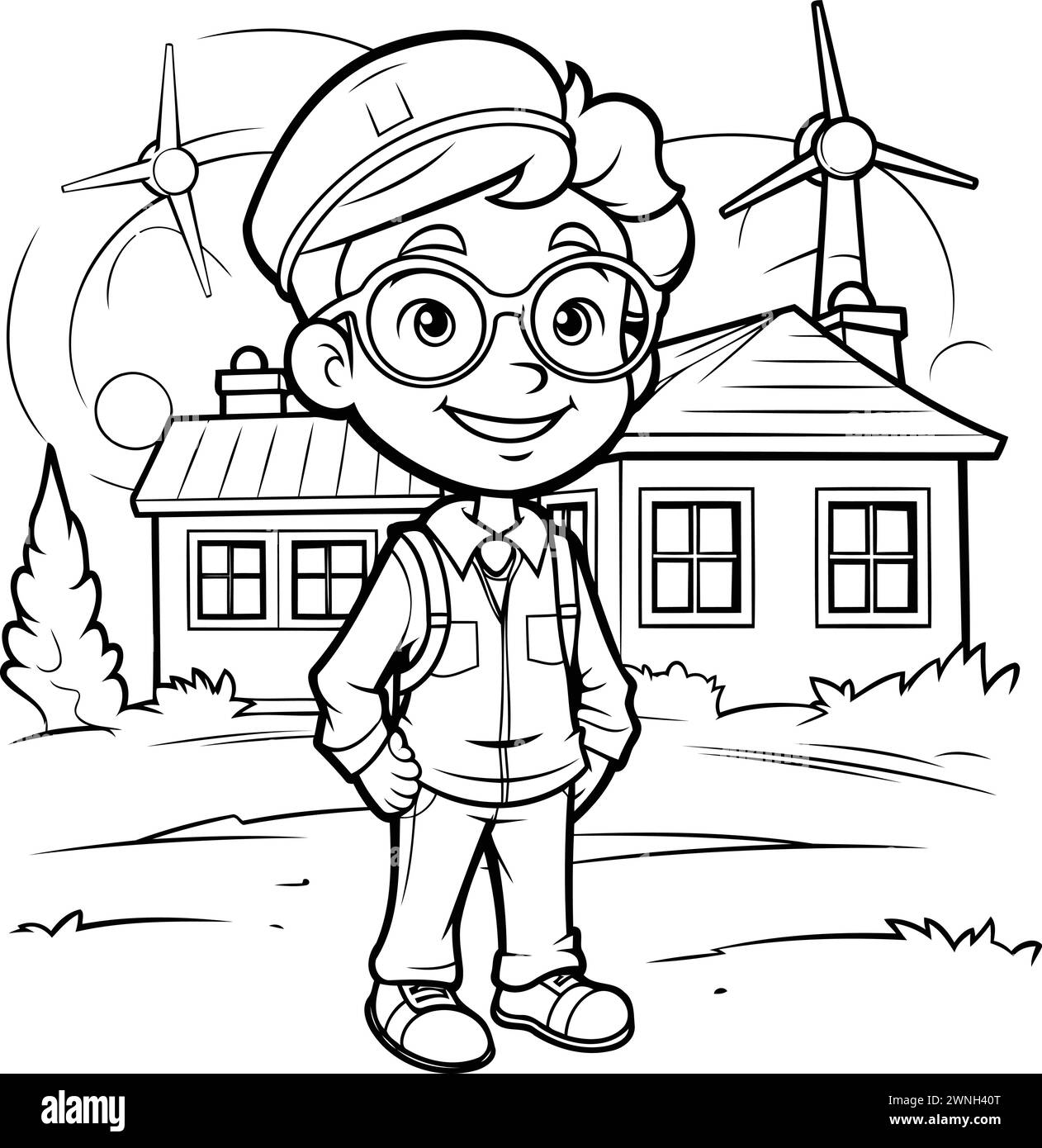 Black and White Cartoon Illustration of Kid Boy with Wind Turbine for Coloring Book Stock Vector