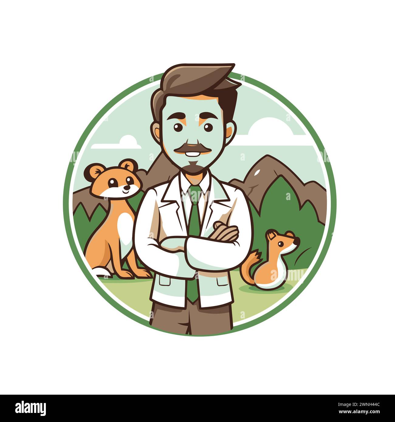 Vector illustration of a veterinarian with animals in the background. Cartoon style. Stock Vector