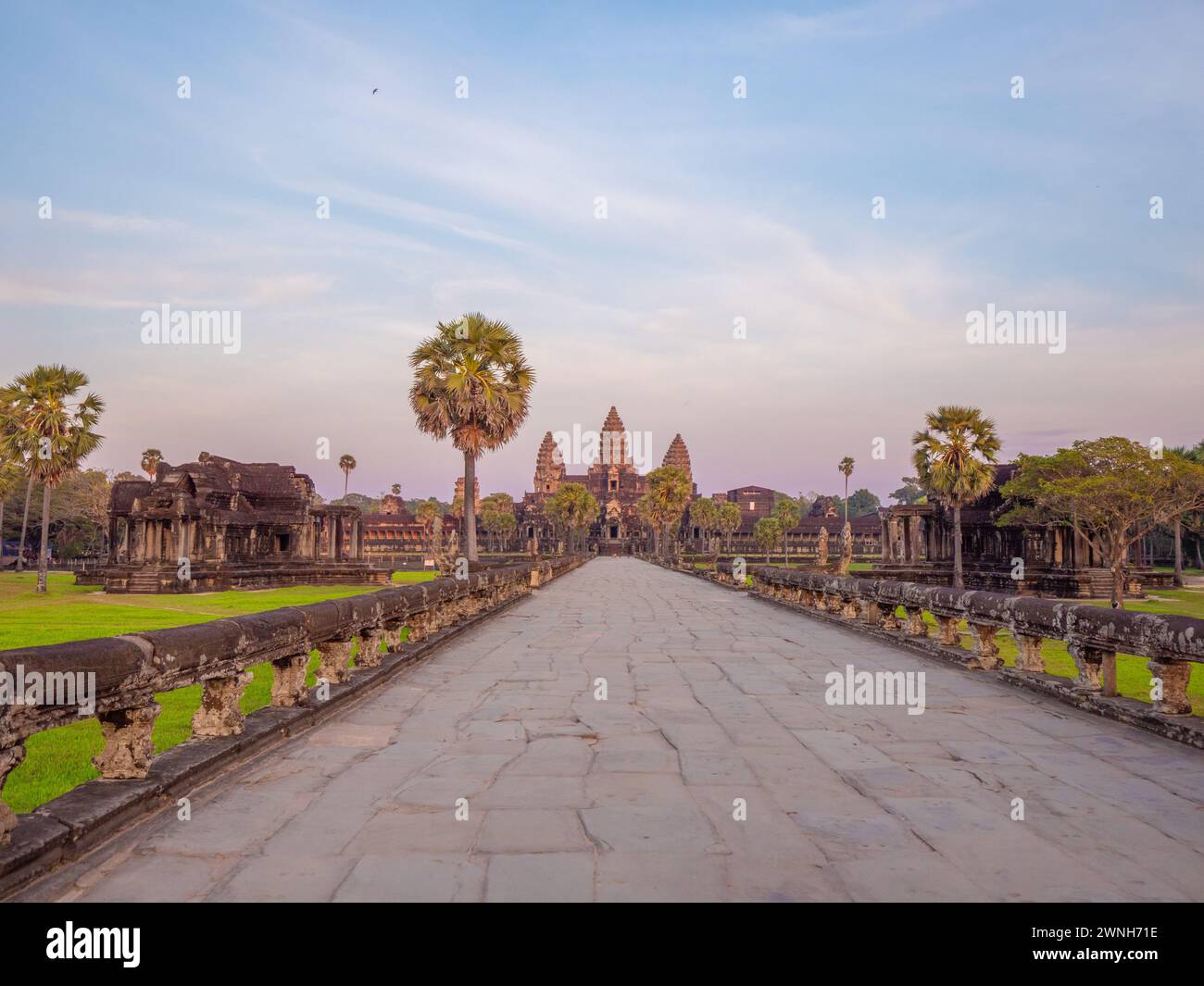 Angkor Wat Main Temple at Sunset with No People and No Tourists - Bridge Stock Photo