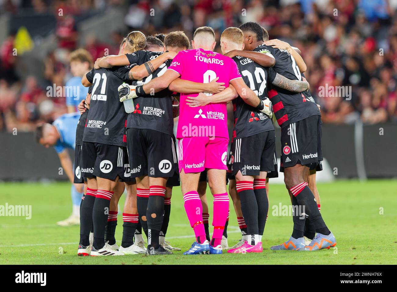 Sydney, Australia. 02nd Mar, 2024. Wanderers players huddle together before the A-League Men Rd19 match between the Wanderers and Sydney FC at CommBank Stadium on March 2, 2024 in Sydney, Australia Credit: IOIO IMAGES/Alamy Live News Stock Photo