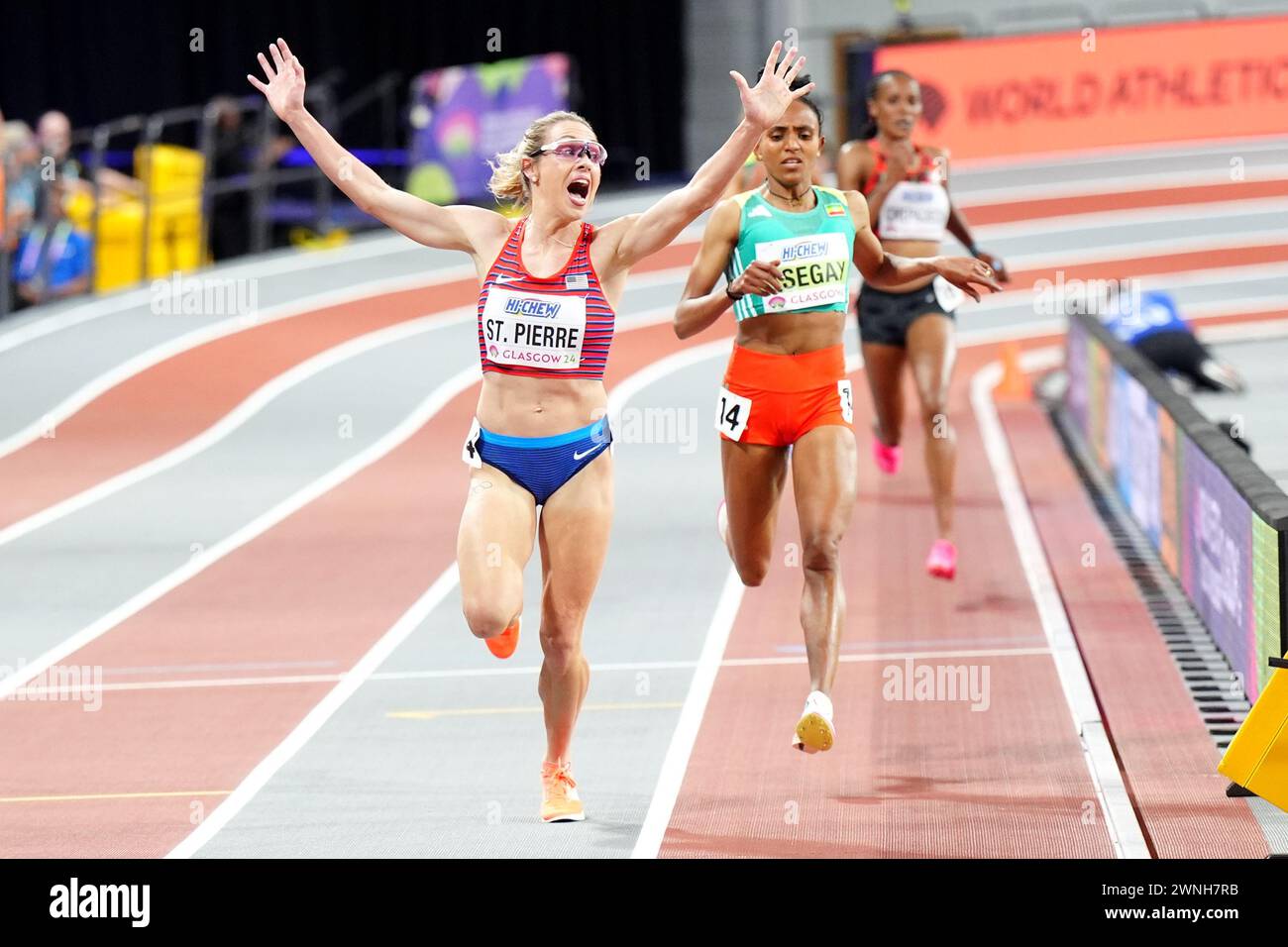 USA's Elle St. Pierre celebrates winning the Women's 3000 metres during(03)