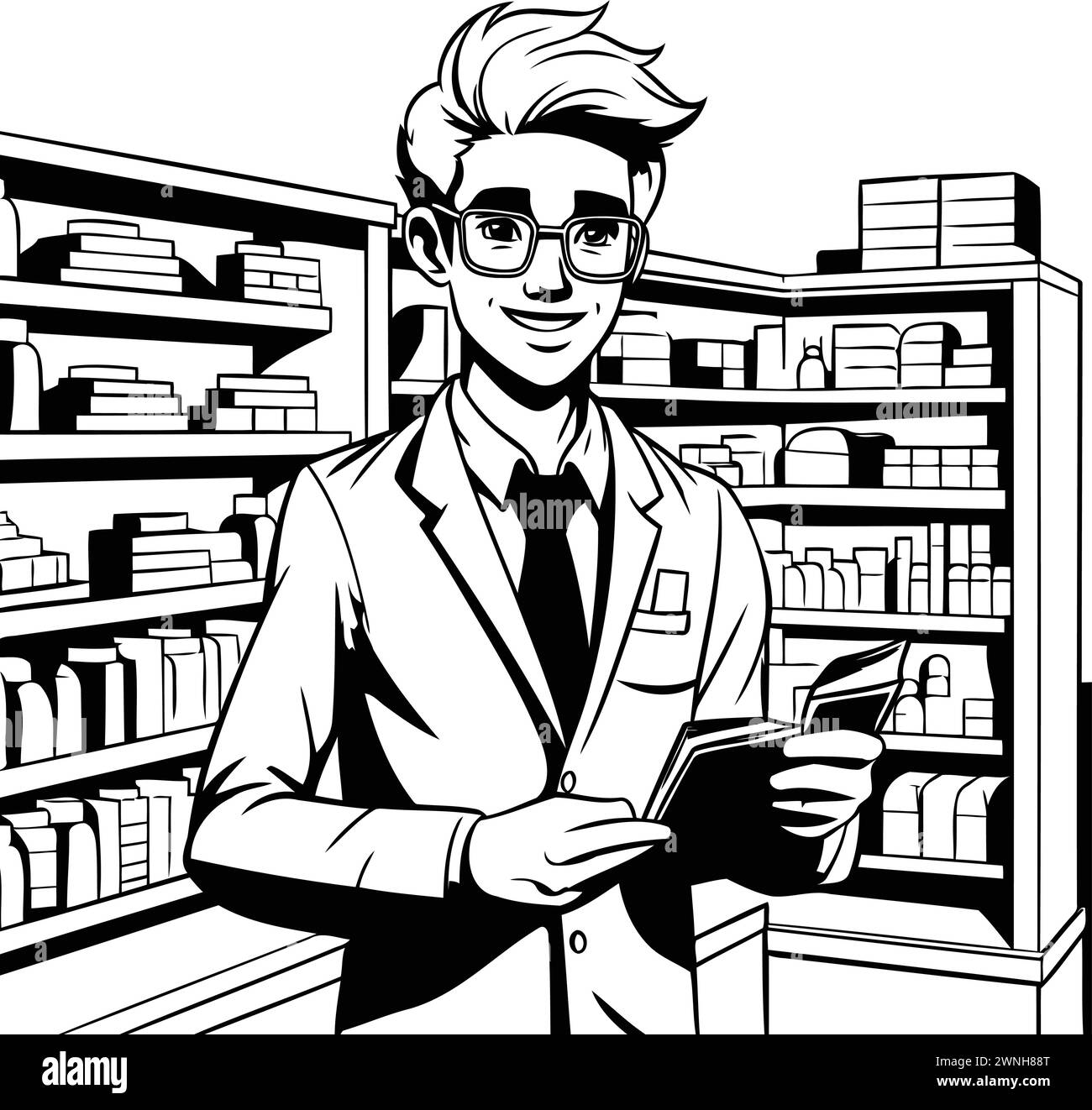 Handsome pharmacist in the drugstore. Black and white vector