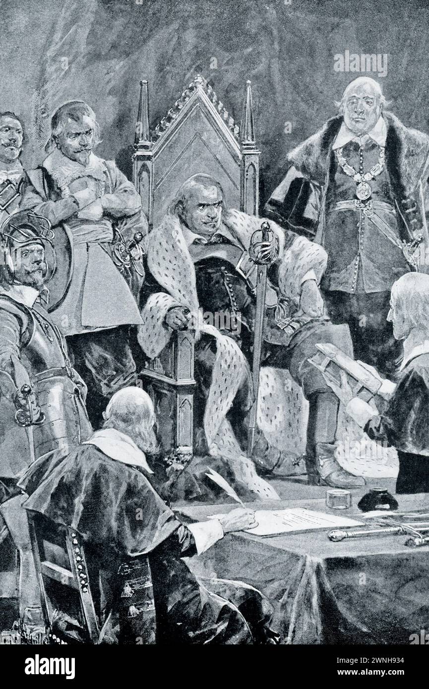The early 1900s caption reads: 'CROMWELL TAKING THE OATH AS LORD PROTECTOR.—After the overthrow of the royalists, Cromwell, supported by his soldiers, became the one overshadowing figure among the Puritans. He conquered both Scot-land and Ireland. He conquered the Parliament itself, driving the members out, and summoning a new Parliament composed only of men chosen by himself. This submissive body conferred on him the title of Protector of England, Ireland, and Scotland. The office was to be his for life, and when lie had been formally inaugurated (1653) lie was England's king in all but name. Stock Photo
