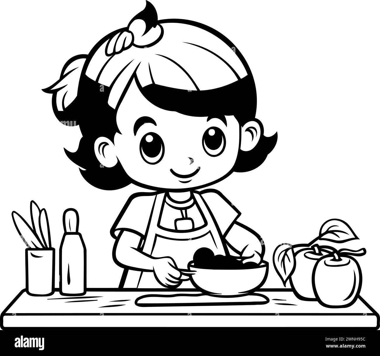 Black and White Cartoon Illustration of Cute Little Girl Cooking Healthy Food for Coloring Book Stock Vector
