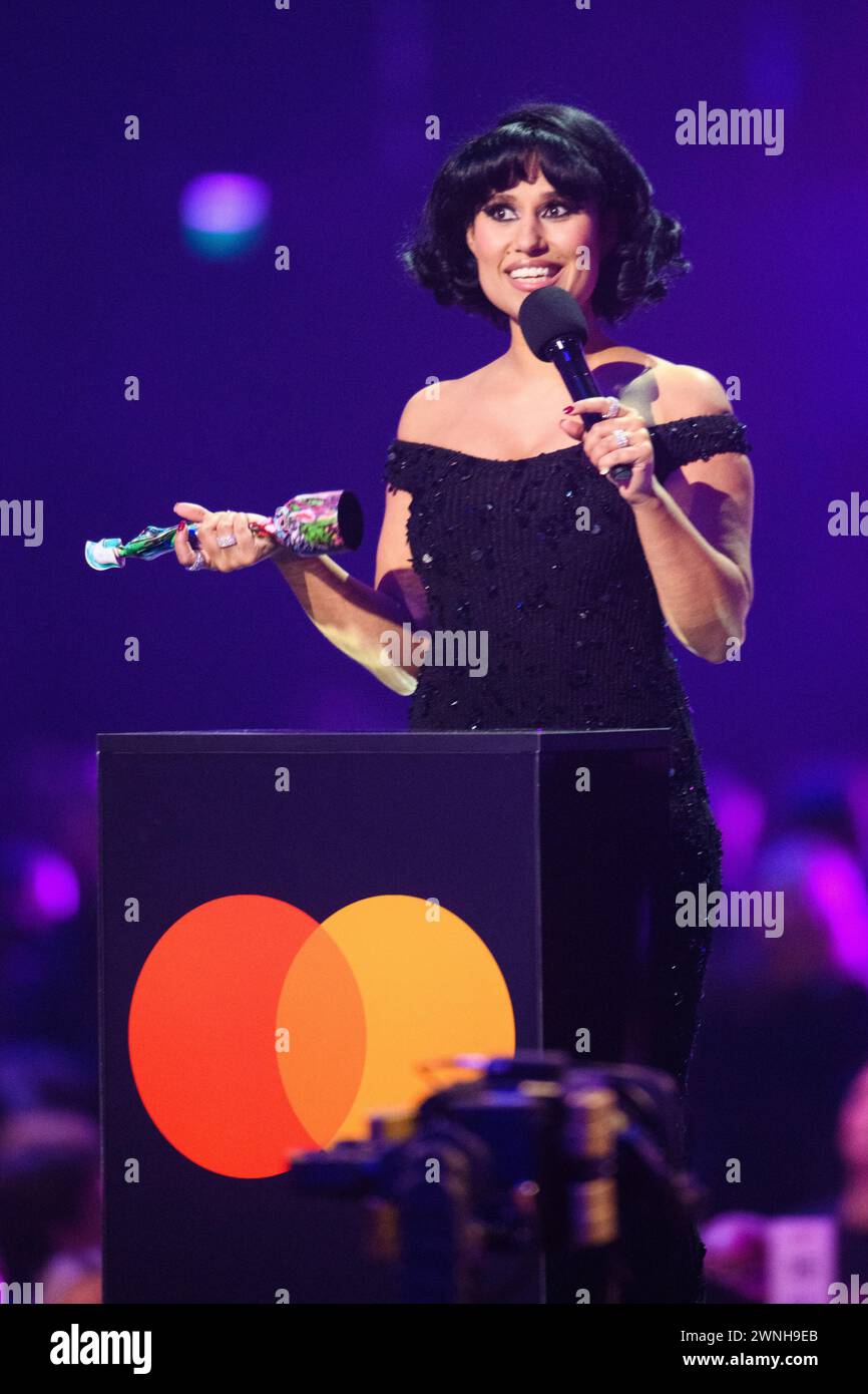 EDITORIAL USE ONLY. London, UK. 2 March 2023. Rae during the 2024 Brit ...