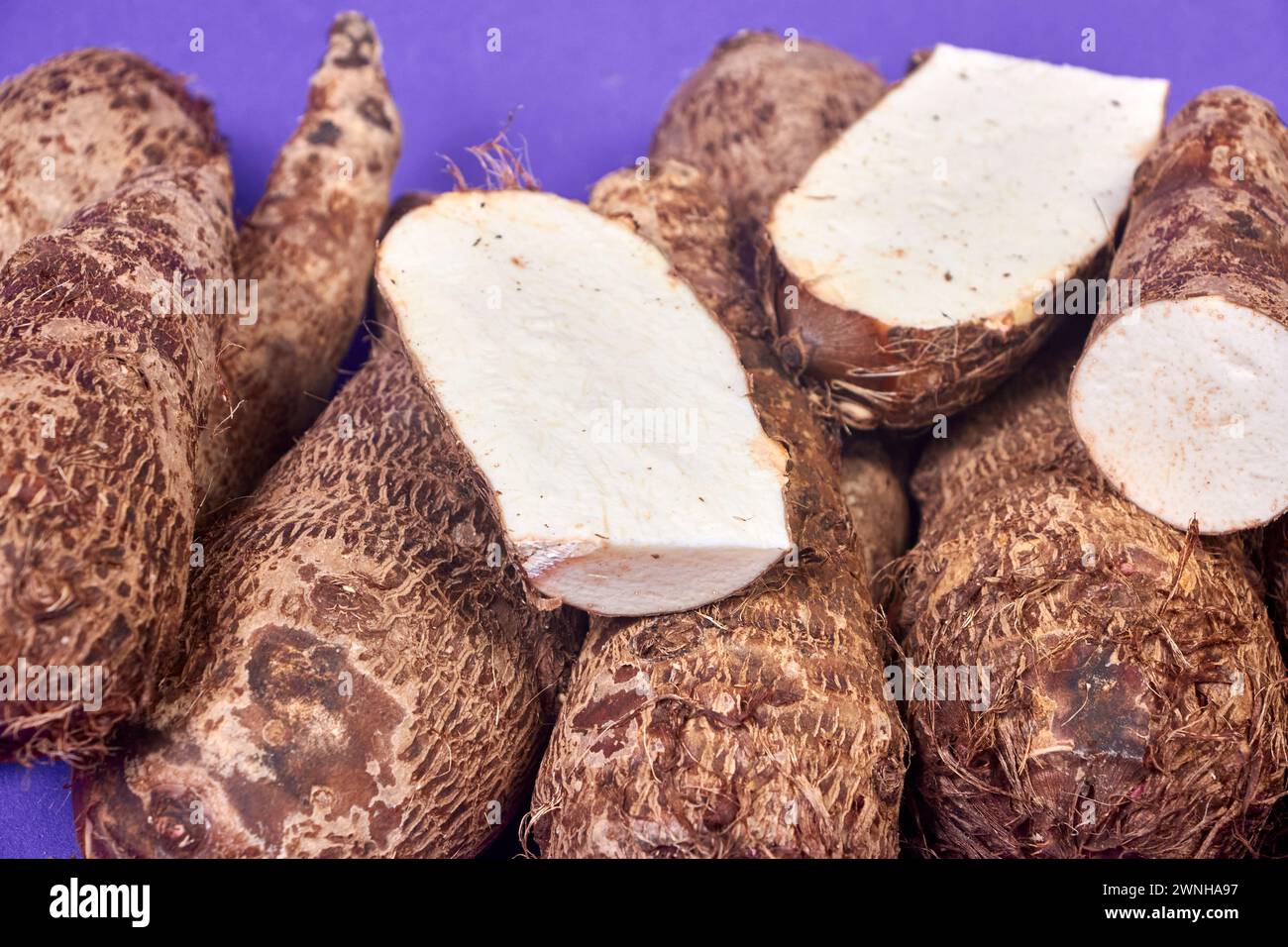 closeup of taro root vegetable, eddo malanga, purple background Stock ...