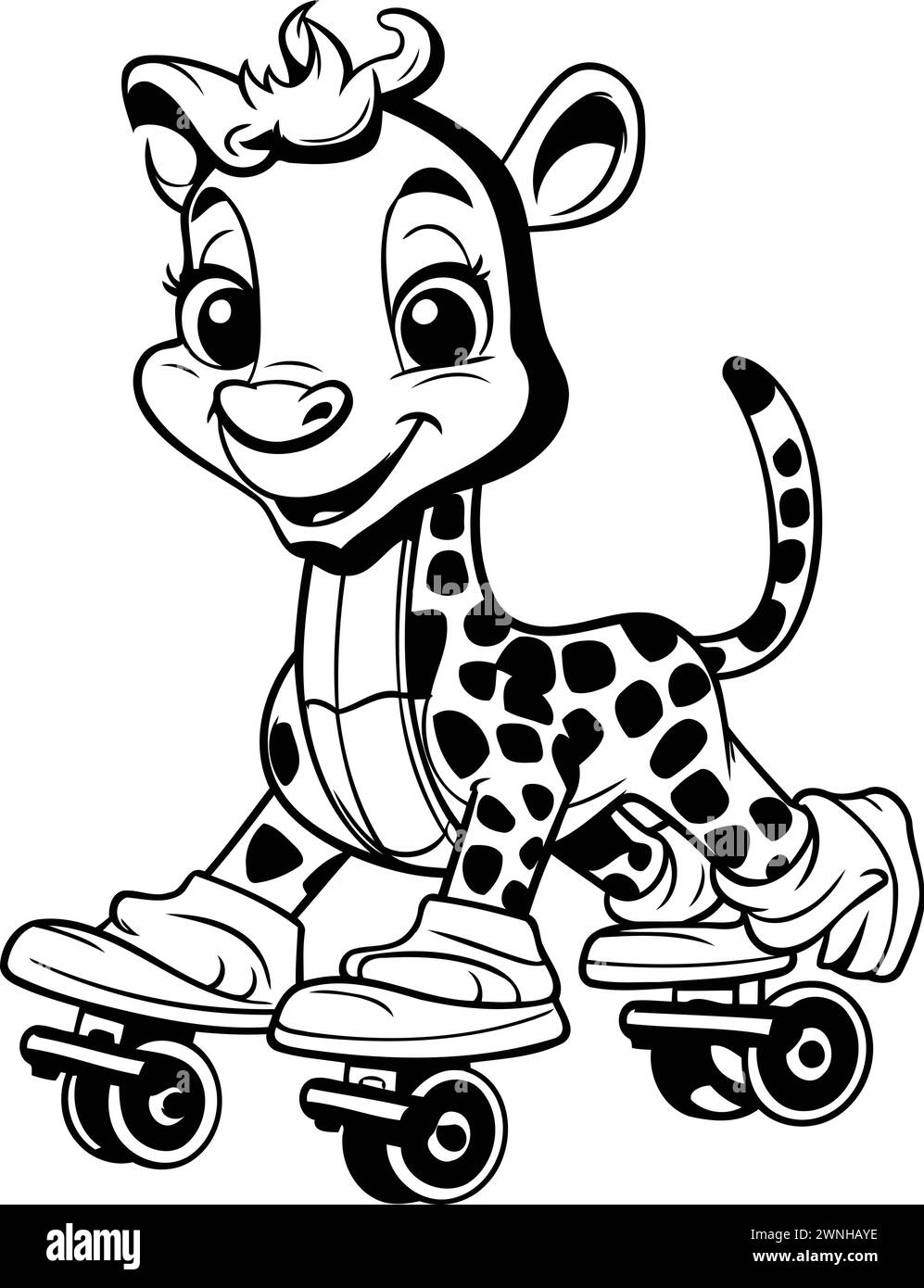 Black and White Cartoon Illustration of Cheetah Roller Skating Stock
