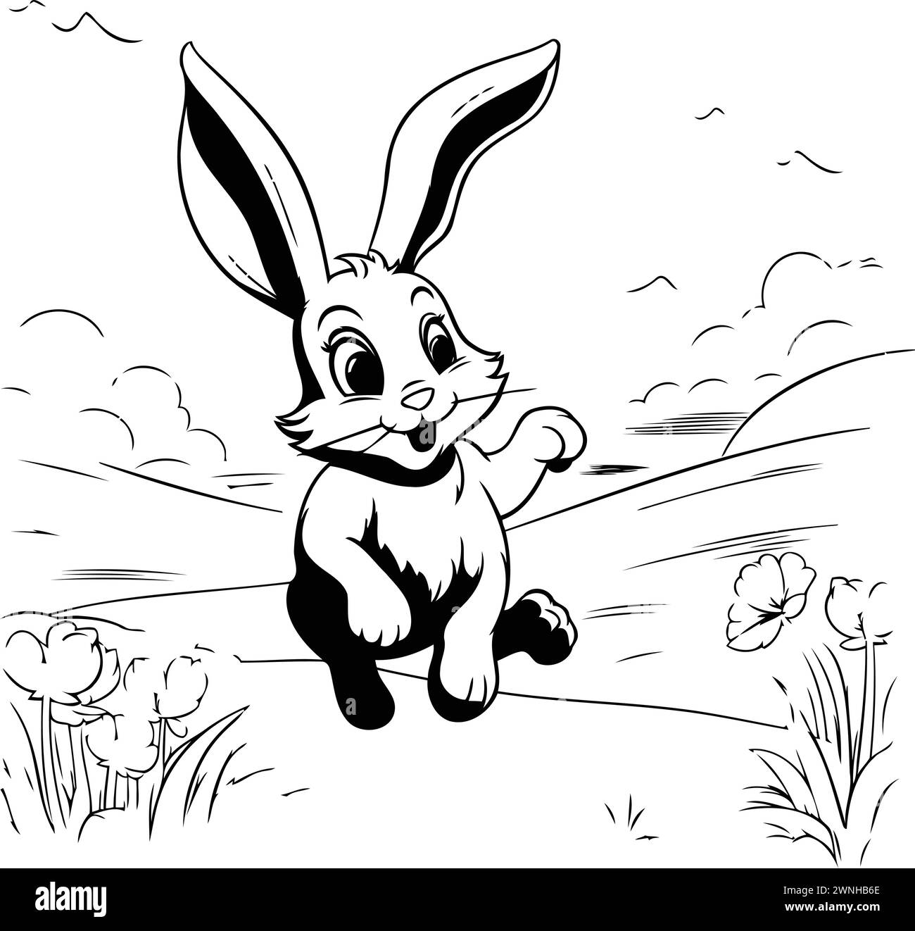Easter Bunny Running in the Field - Black and White Cartoon Illustration Stock Vector
