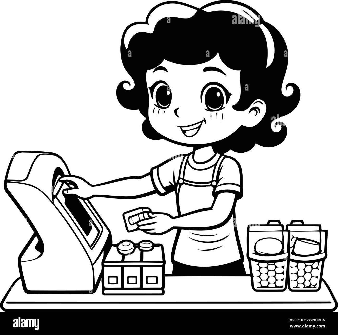 Cute little girl using a cash register. Black and white vector illustration. Stock Vector