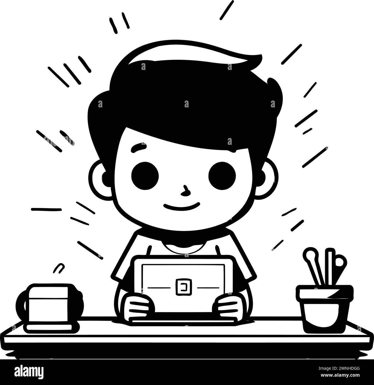Boy working on laptop Black and White Vector Cartoon Character Illustration Stock Vector Image