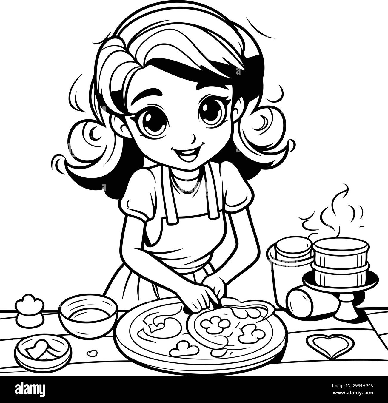 Cute girl cooking pizza. black and white vector illustration for coloring book Stock Vector