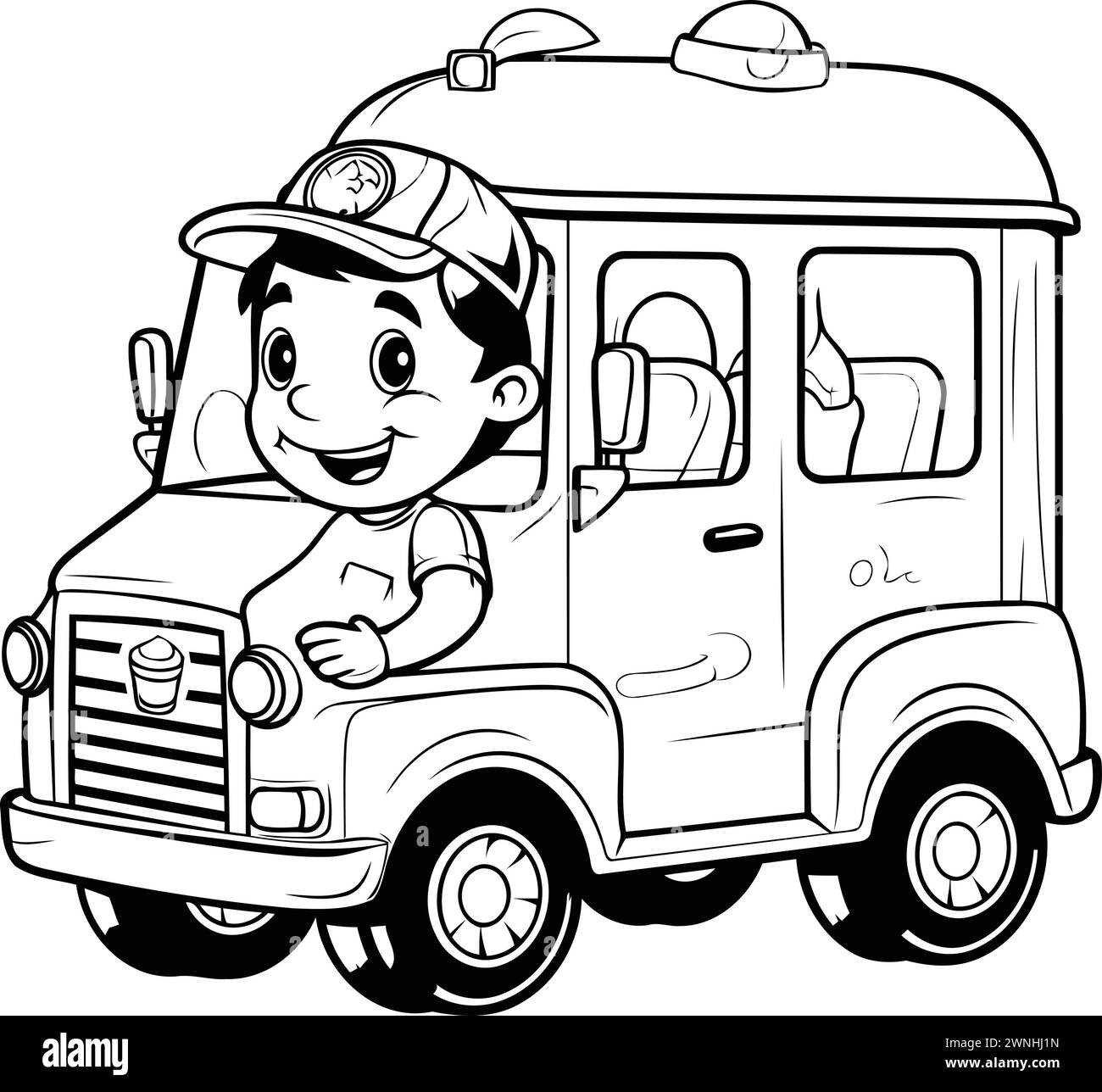 Black and White Cartoon Illustration of a Kid Boy Driving a Fast Food Truck or Van for Coloring Book Stock Vector