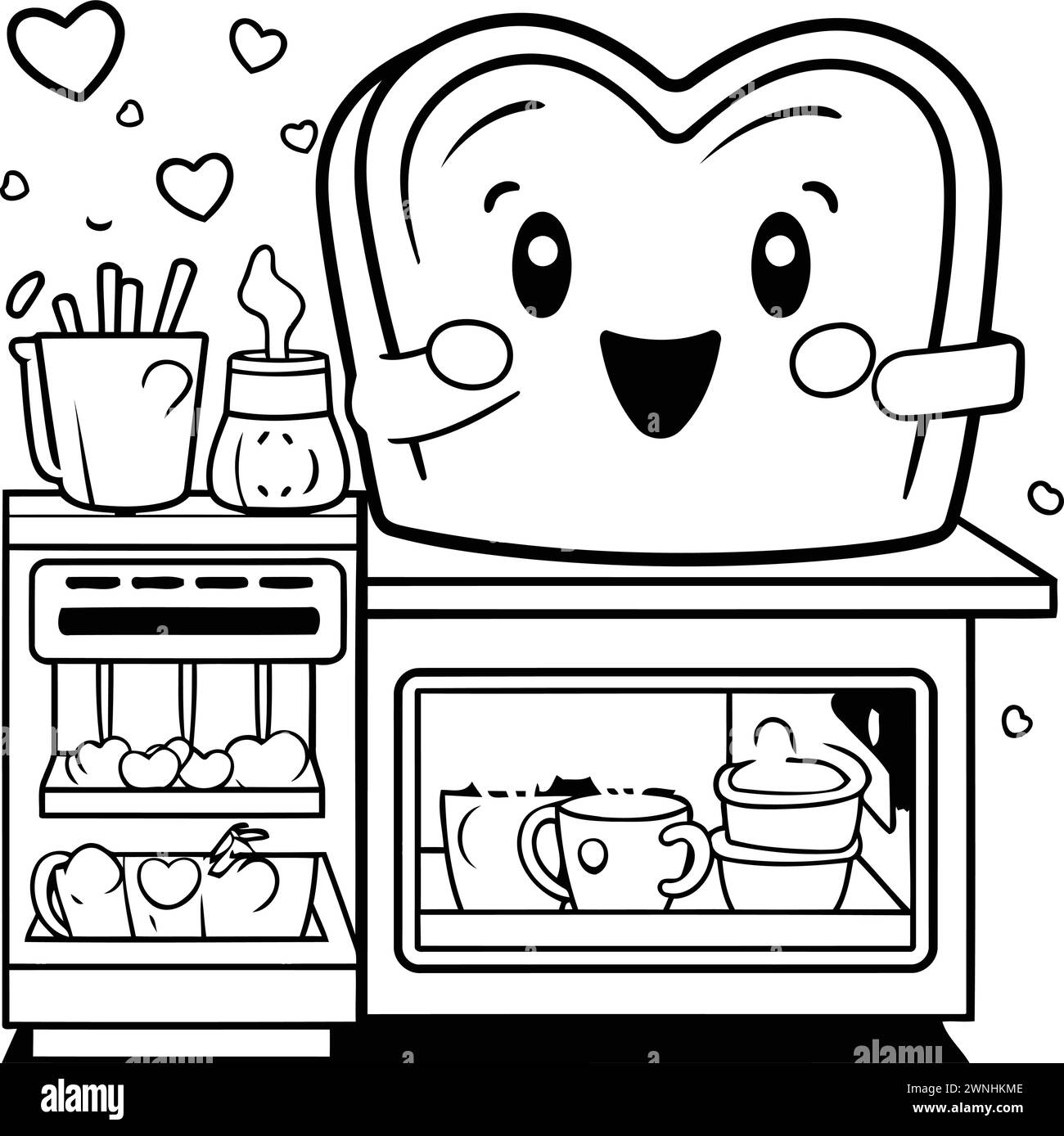 Toast in the oven. black and white vector illustration for coloring book Stock Vector