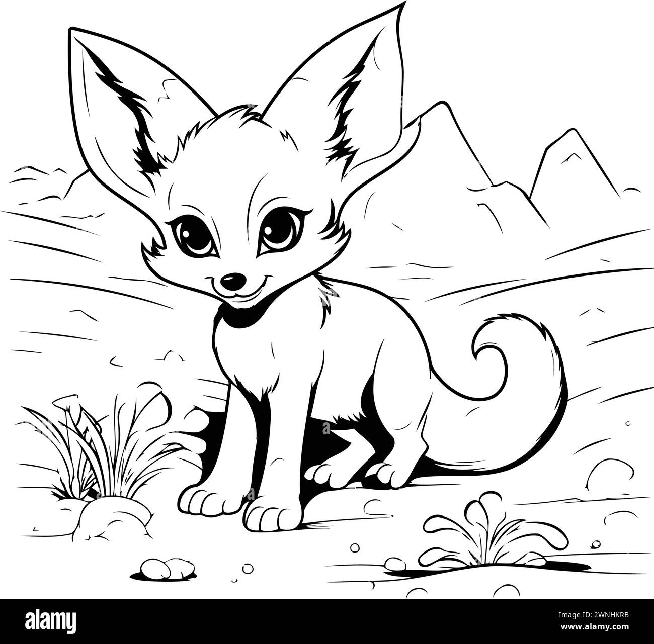Cute cartoon fennec fox. Vector illustration for coloring book. Stock Vector
