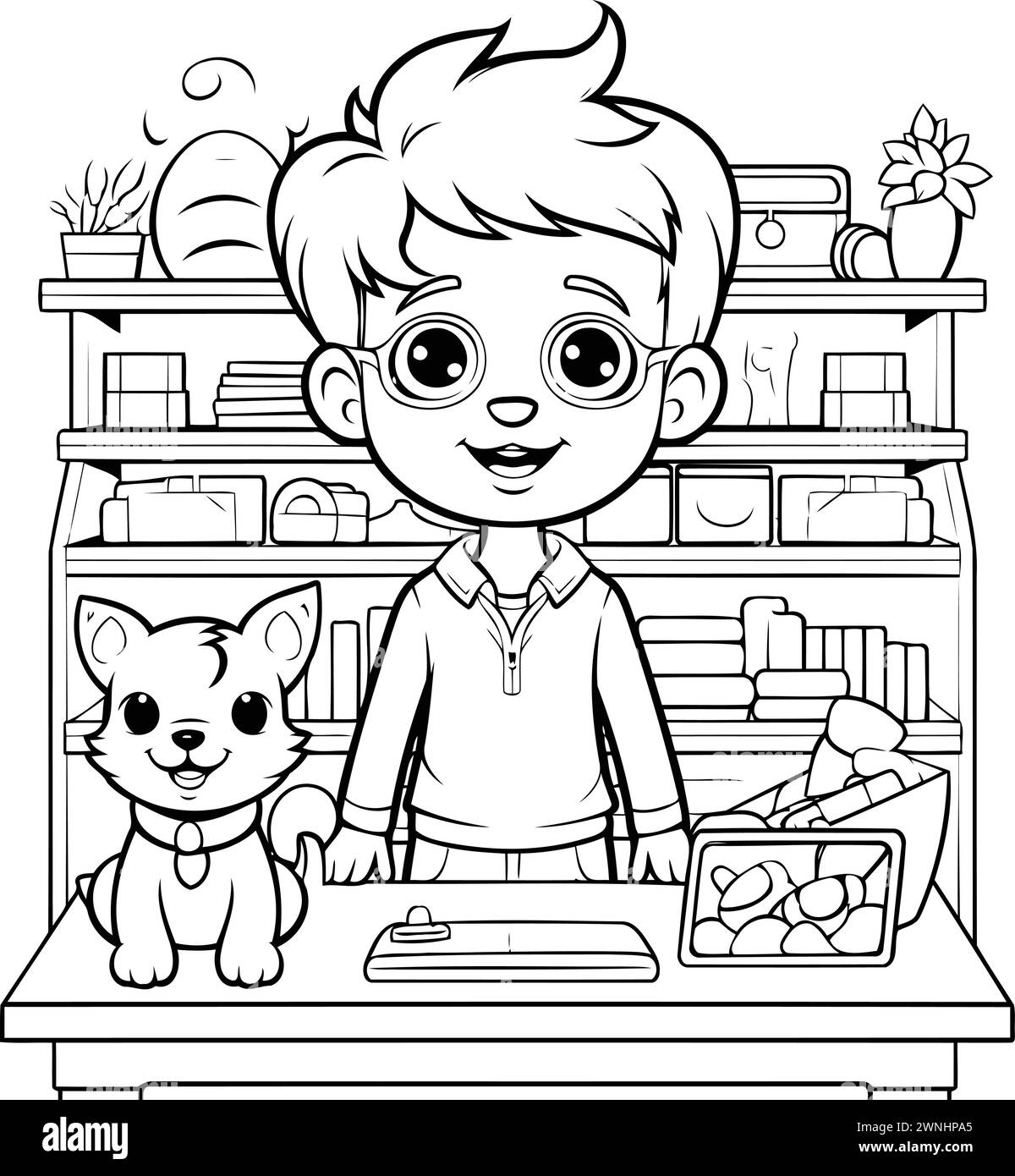 Boy with dog in the pet store. black and white vector illustration ...