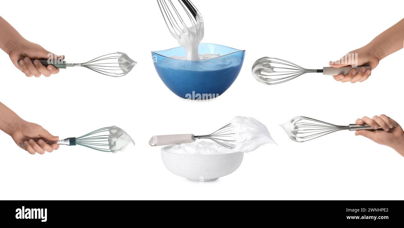 People holding whisks on white background, closeup. Bowls and whisks