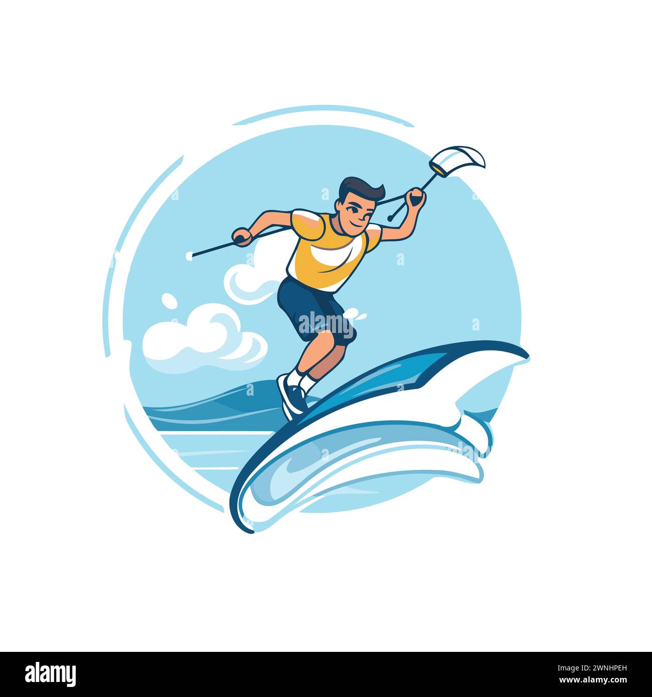 Water skiing. Vector illustration of a man riding a water ski on a board. Stock Vector