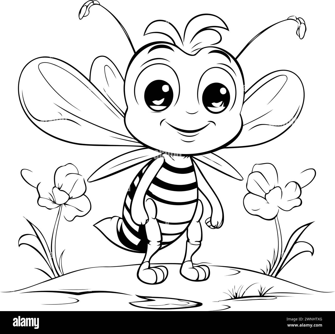 Cute cartoon bee with flowers. Vector illustration for coloring book ...