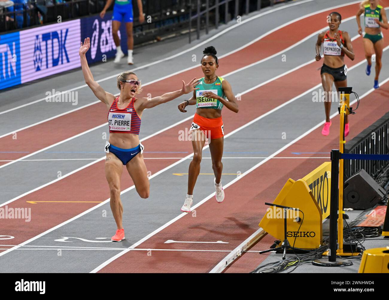 Glasgow, Scotland, UK. 02nd Mar, 2024. Elle ST. PIERRE (USA) 1st, Gudaf TSEGAY (ETH) 2nd, Beatrice CHEPKOECH (KEN) 3rd in the Womens 3000m Final during the World Indoor Athletics Championships at the Emirates Arena, Glasgow, Scotland, UK. Credit: LFP/Alamy Live News Stock Photo